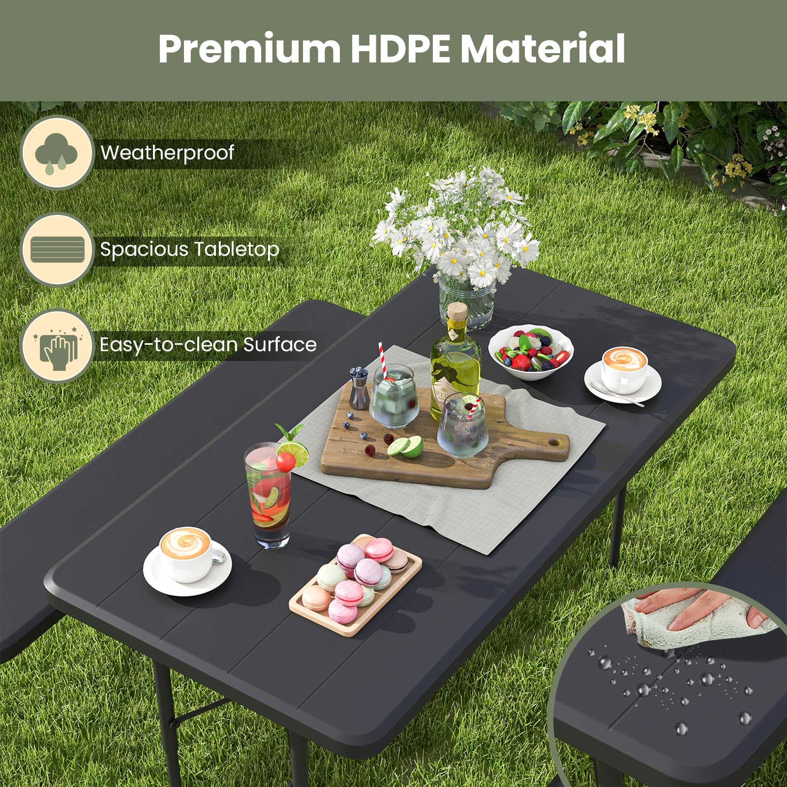 Tangkula Folding Picnic Table with 2 Benches - Portable Outdoor Metal Camping Table Set with Durable Wood-Like Plastic Tabletop & Sturdy Steel Frame - Foldable for Picnics, Parties, BBQs, Camping, Backyard & Beach (Black)