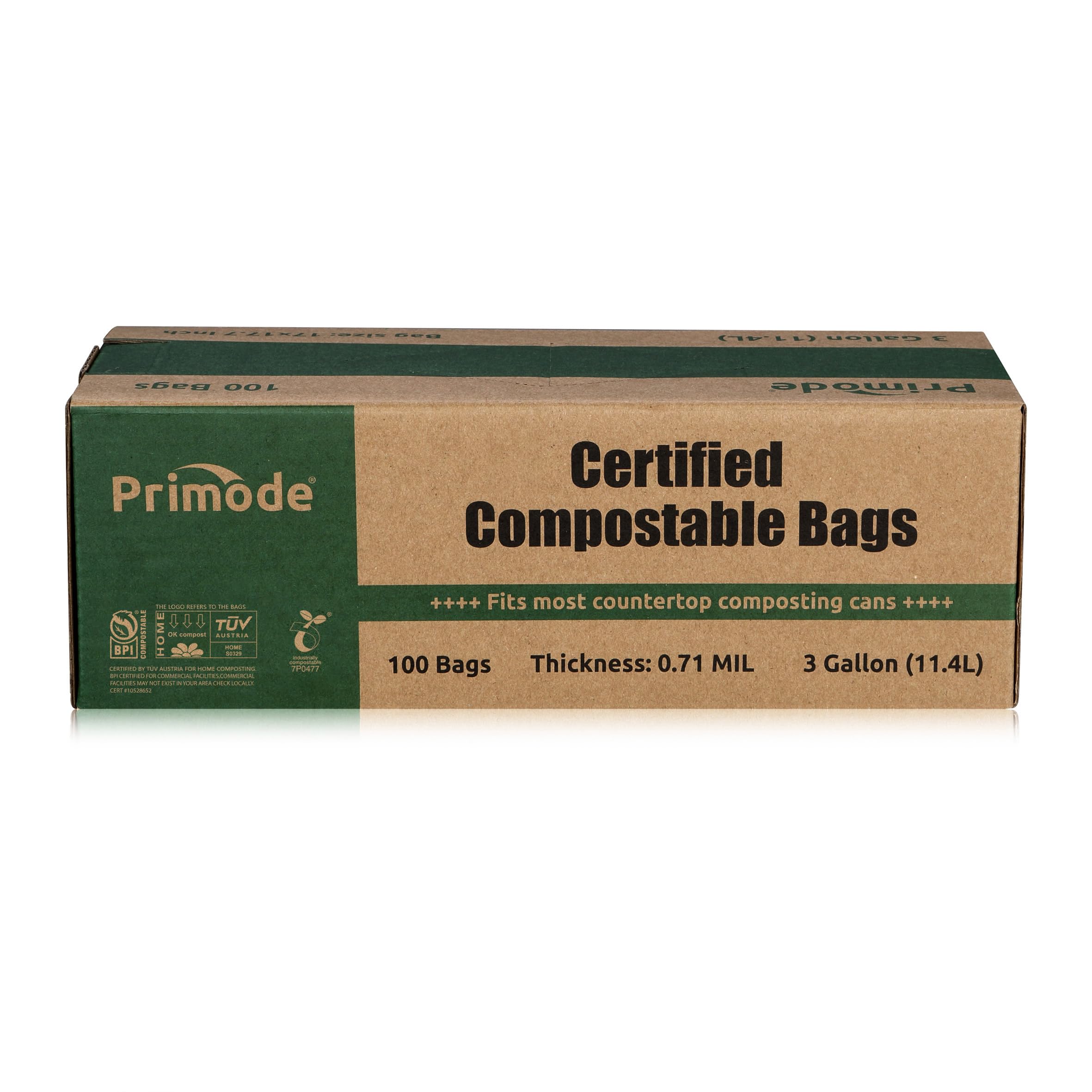 Primode 3 Gallon Compostable Trash Bags - 100 Count Extra Thick 0.71 Mil Kitchen Waste Bags for Food Scraps & Yard Waste | BPI & TÜV AUSTRIA Certified (ASTMD6400) | Perfect for Eco-Friendly Home Composting & Organic Waste Disposal