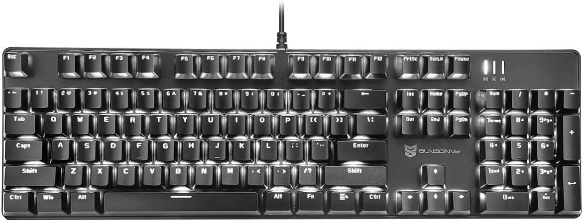 Qisan Mechanical Gaming Keyboard - Wired White Backlit Keyboard with Red Switches, Full Size 104 Keys US Layout | Ergonomic Computer Keyboard for PC Gaming & Office Work | Durable Gaming Accessory for Esports & Typing