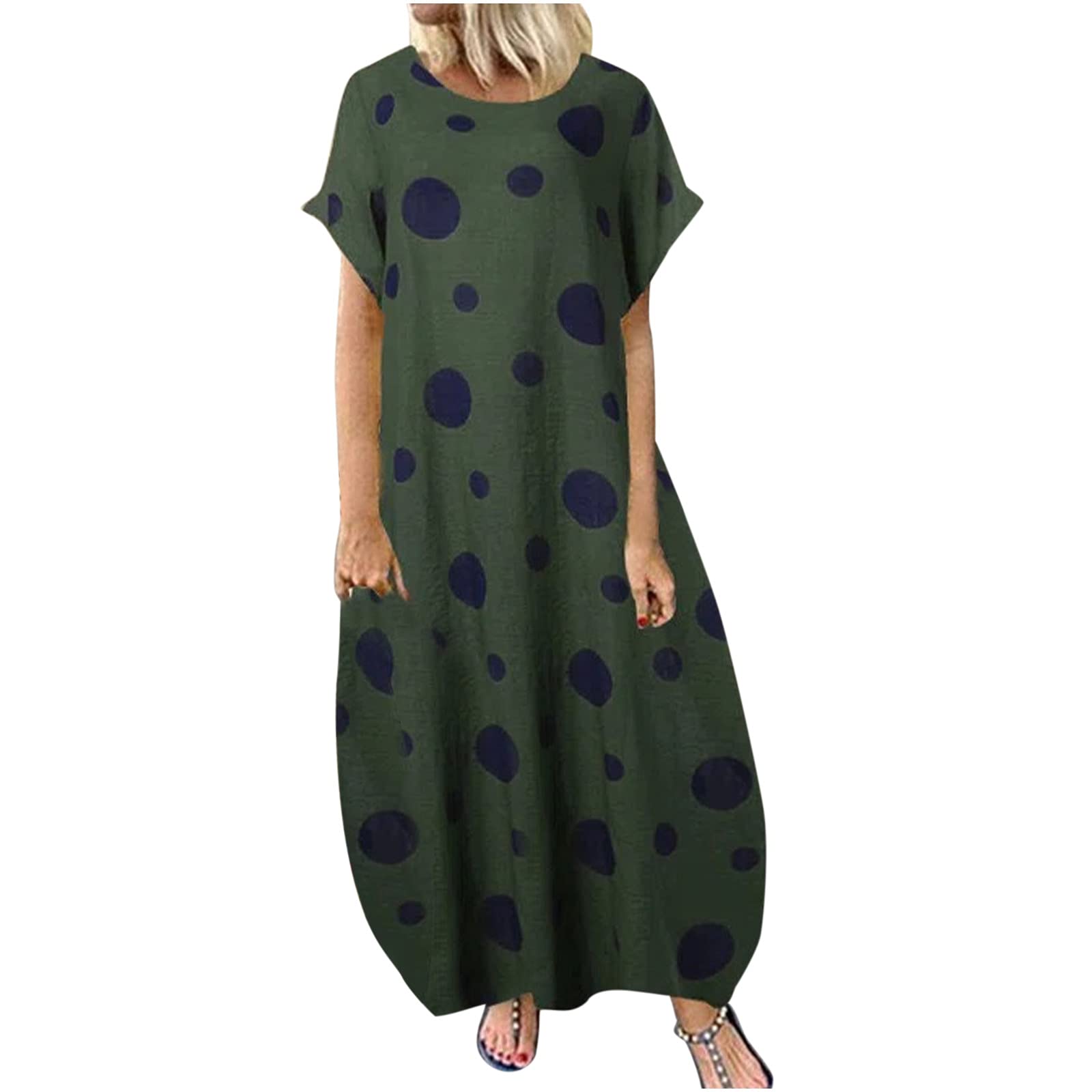Women's Casual Maxi Dress Summer O-Neck Short Sleeve Floral Print Loose Long Dress with Pockets - Perfect for Beach Vacations, Date Nights & Summer Outings