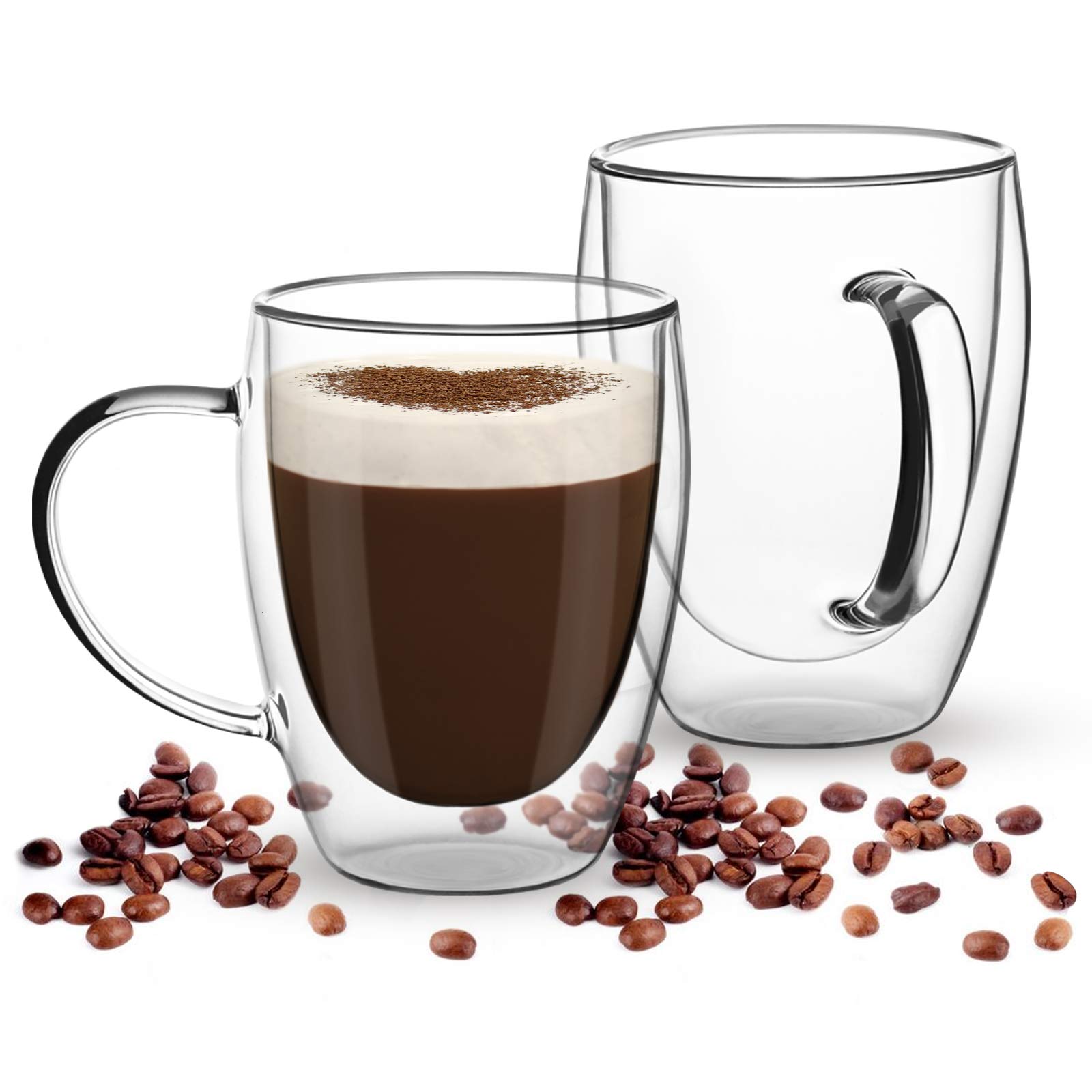 COMOOO 12oz Set of 2 Double Wall Insulated Glass Coffee Mugs with Handle - Clear Borosilicate Glass Cups for Hot & Cold Drinks - Perfect for Coffee, Tea, Latte, Espresso, Cappuccino - Ideal for Home, Office, Cafe & Gifts