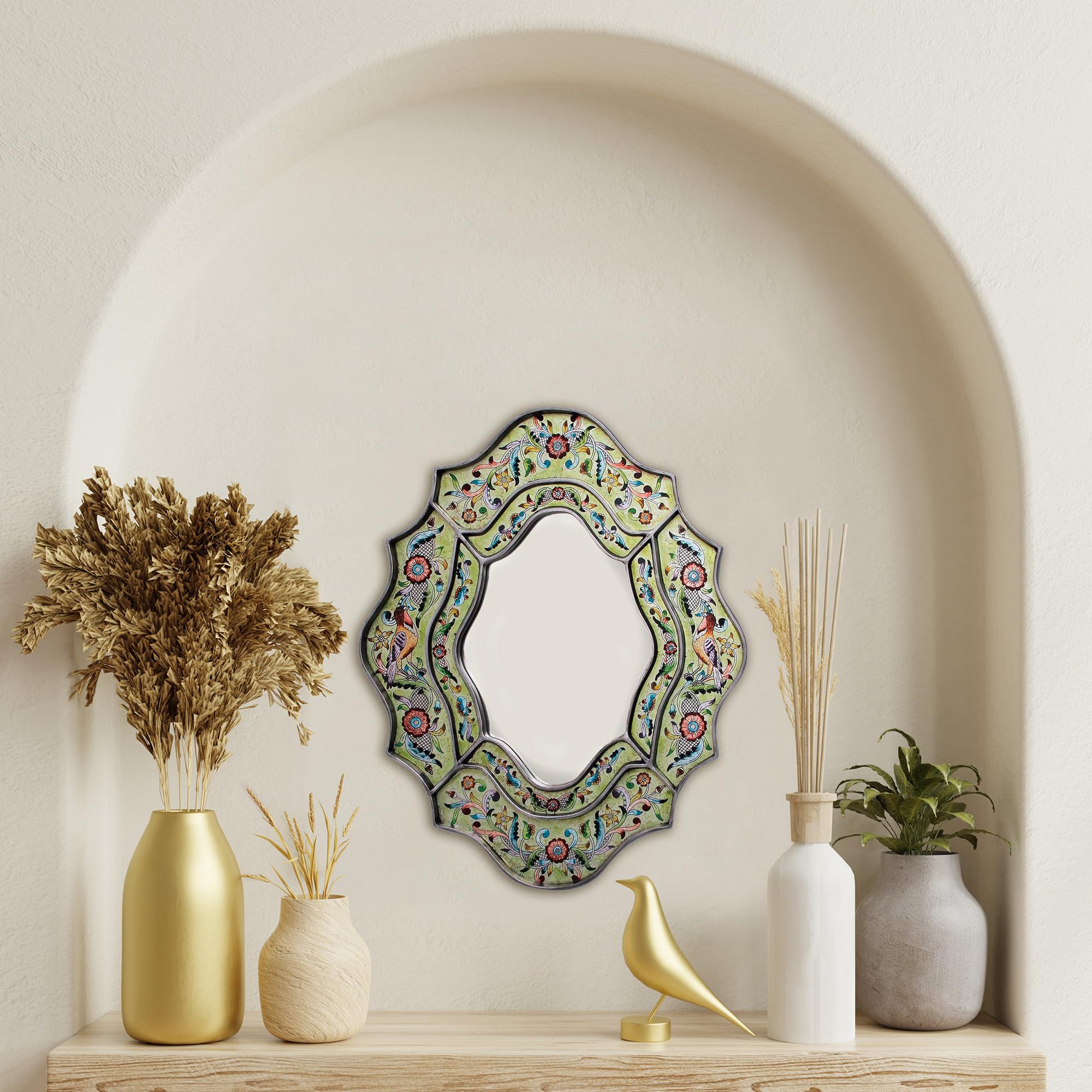 NOVICA Handmade Verdant Spring Reverse Painted Glass Mirror - Elegant Wall Decor for Living Room, Bedroom & Bathroom