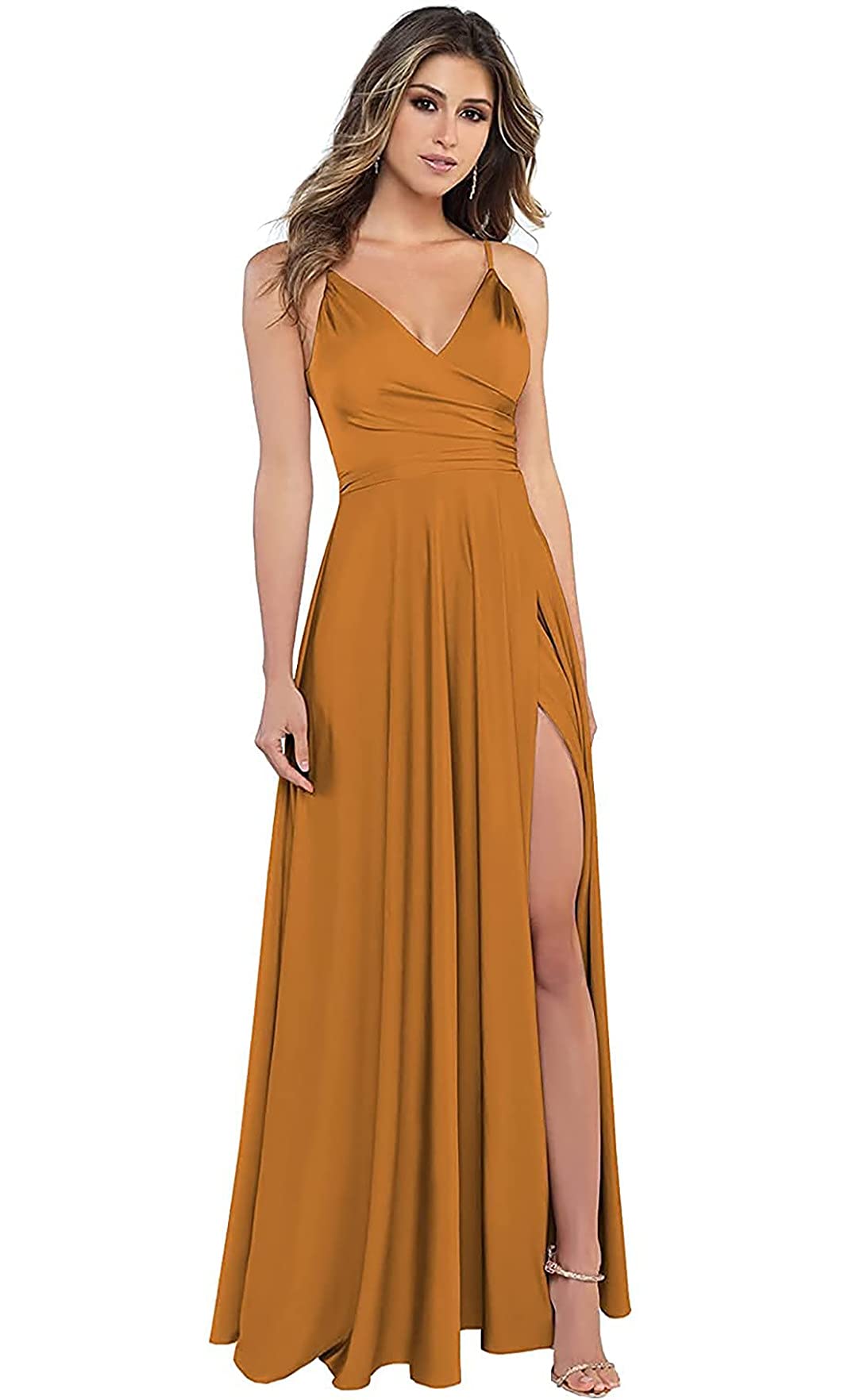 Elegant Satin Formal Evening Gowns for Women | Long Slit Prom Dresses | Wedding Party & Bridesmaid Dress with Spaghetti Straps - Perfect for Black Tie Events, Galas, and Special Occasions