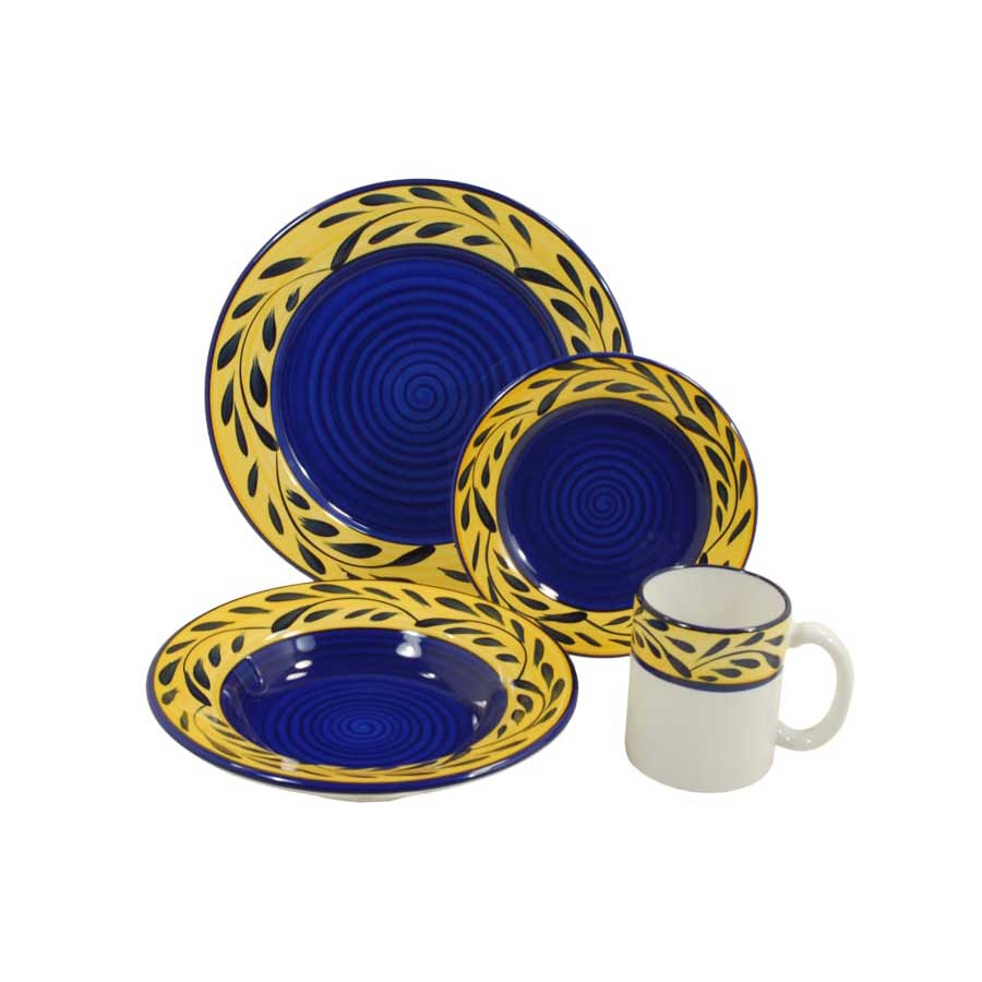 4-Piece Blue & Yellow Country French Dinnerware Set - Elegant Tableware for Casual Dining, Entertaining & Everyday Use