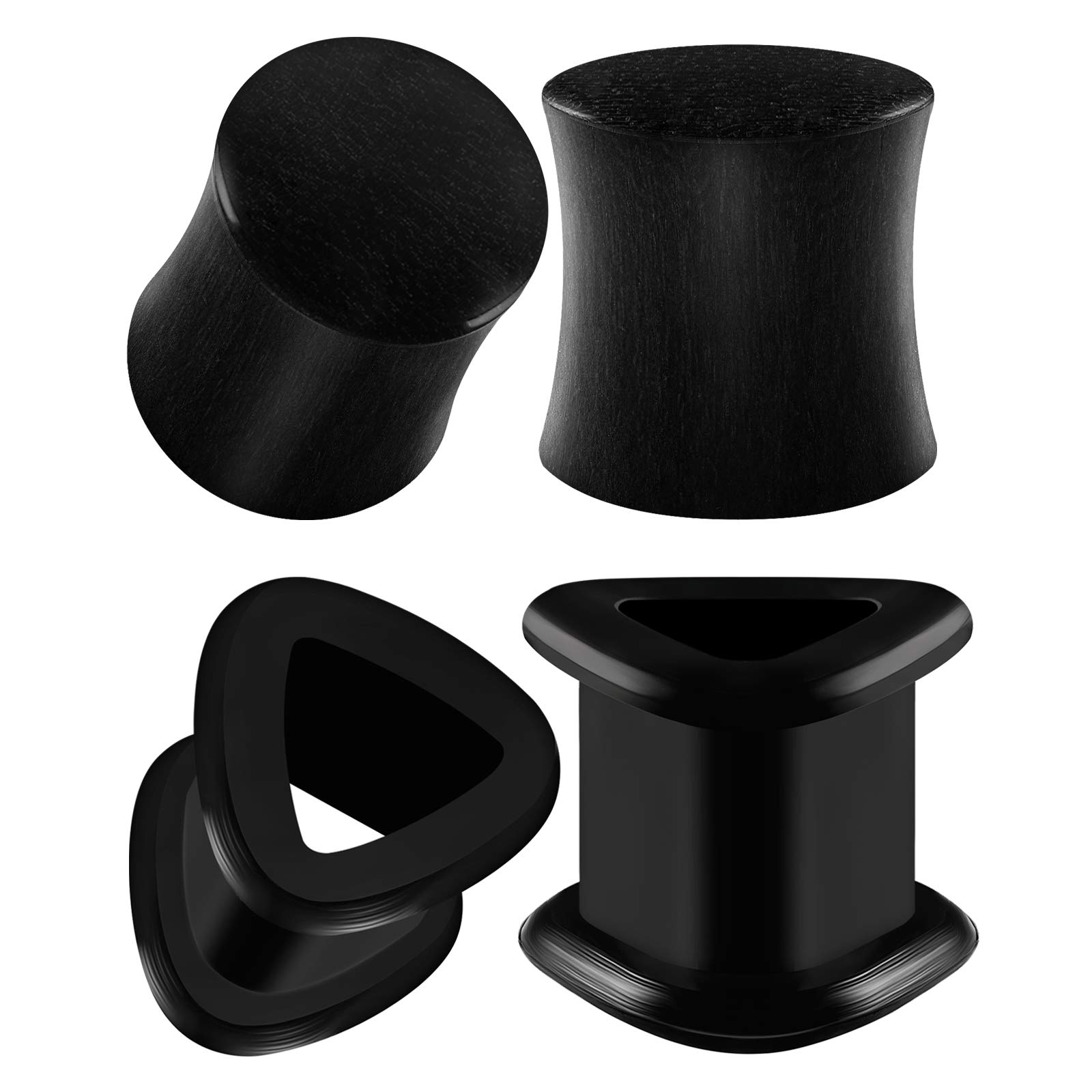 2 Pairs Areng Wood Black Silicone Double Flared Saddle Piercing Jewelry - Stretcher Ear Flesh Tunnel Lobe Earring Plugs for Men & Women - Perfect for Everyday Wear, Parties and Body Modification