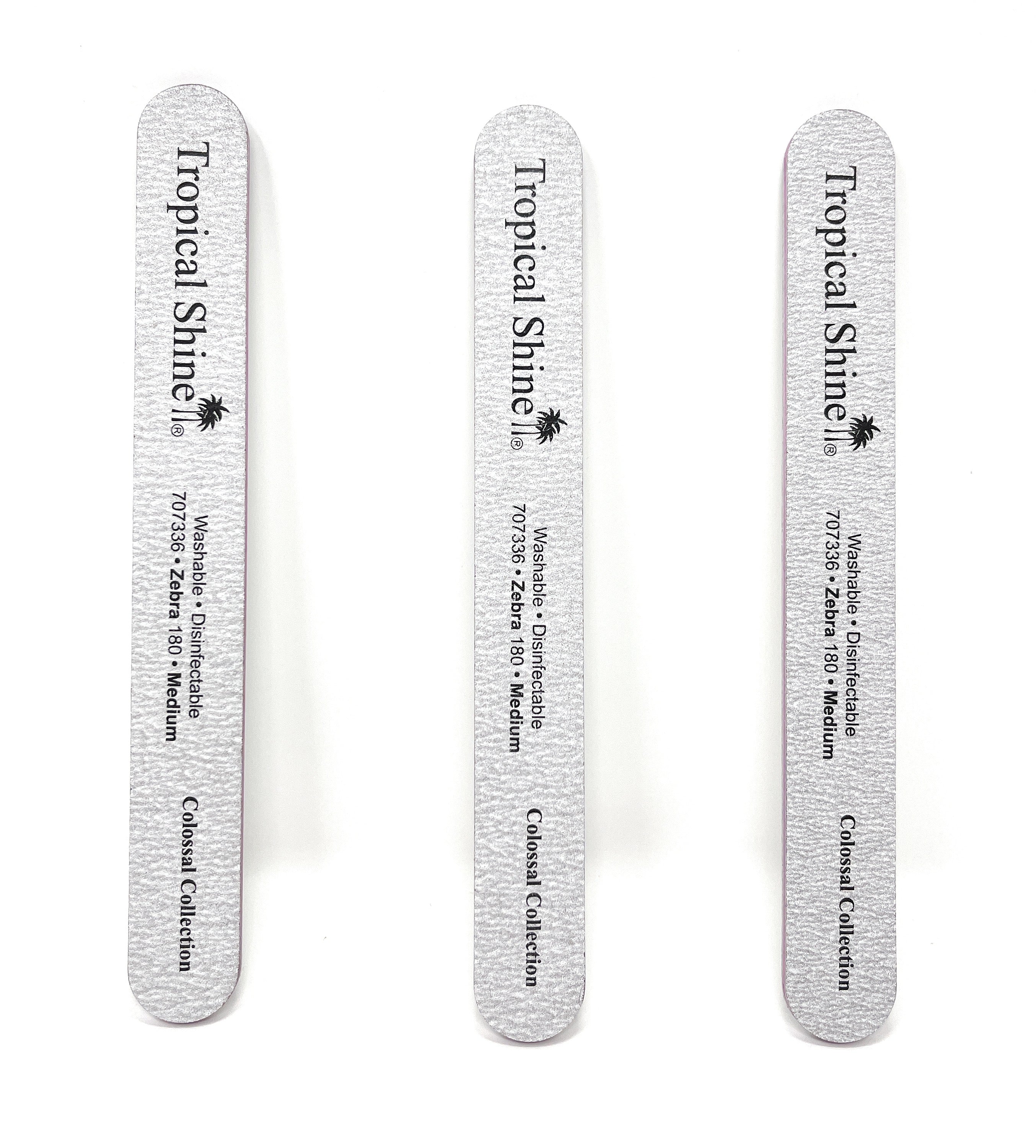 Tropical Shine Colossal Nail File - 180 Medium Grit Dual Sided Emery Boards with Cushion for Salon & Home Use - Zebra Pattern Silver (3 Pack) - Perfect for Manicures, Pedicures & Nail Care