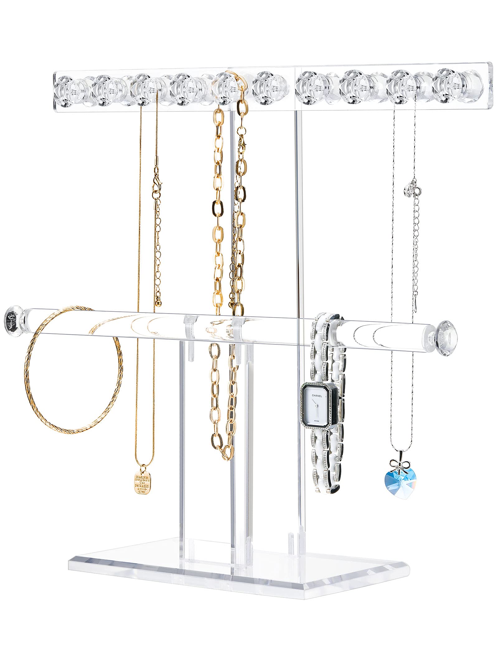 2-Tier Acrylic Jewelry Stand with 18 Diamond Hooks - Clear Necklace Organizer for Watches & Bangles - Perfect Jewelry Display & Gift for Women - Ideal for Bedroom Vanity, Boutique Store, and Wedding Jewelry Showcase