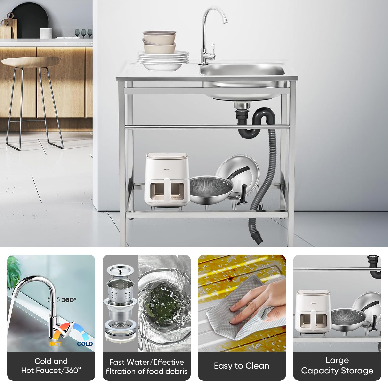 Stainless Steel Utility Sink with Hot & Cold Faucet - Free Standing Single Bowl Hand Washing Station with Shelves - Perfect for Camping, Garage, Kitchen & Backyard Use
