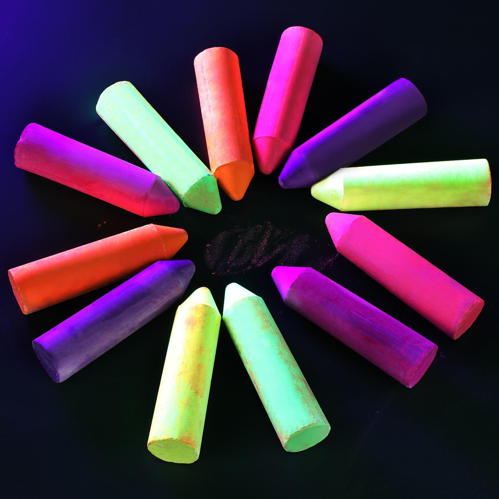 12-Pack UV Neon Glow in the Dark Chalk - 6 Vibrant Colors, Dustless & Washable Sidewalk Chalk for Kids Outdoor Play, Birthday Party Supplies, Blacklight Activities, Chalkboard Drawing & Playground Fun