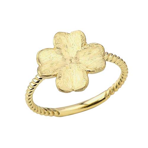 10k Gold Dainty Four-Leaf Clover Rope Ring for Women - Lucky Shamrock Jewelry Made in USA - Perfect for St. Patrick's Day Gifts, Everyday Wear & Good Luck Charms
