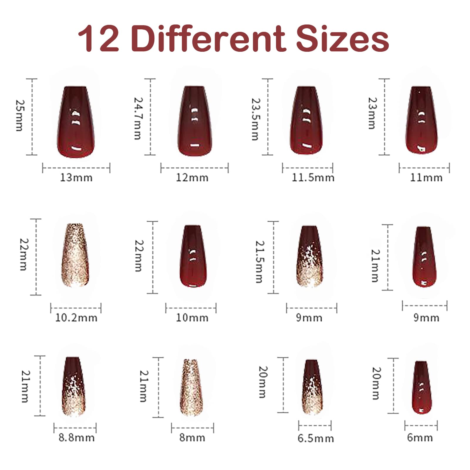 Medium Long Press On Nails Square - Flash Gold Powder Wine Red Acrylic Full Cover False Nails Set with Nail Glue | Reusable Stick On Fake Nails for Women & Girls | Perfect for Parties, Weddings & Special Occasions