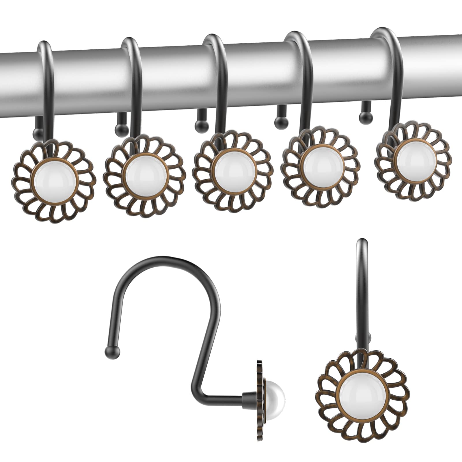 Lewondr Heavy Duty Metal Shower Curtain Hooks - Set of 12 Rustproof Vintage Decorative Rings with Flower Pearl Design in Bronze | Perfect for Bathroom, Shower Rods & Home Decor