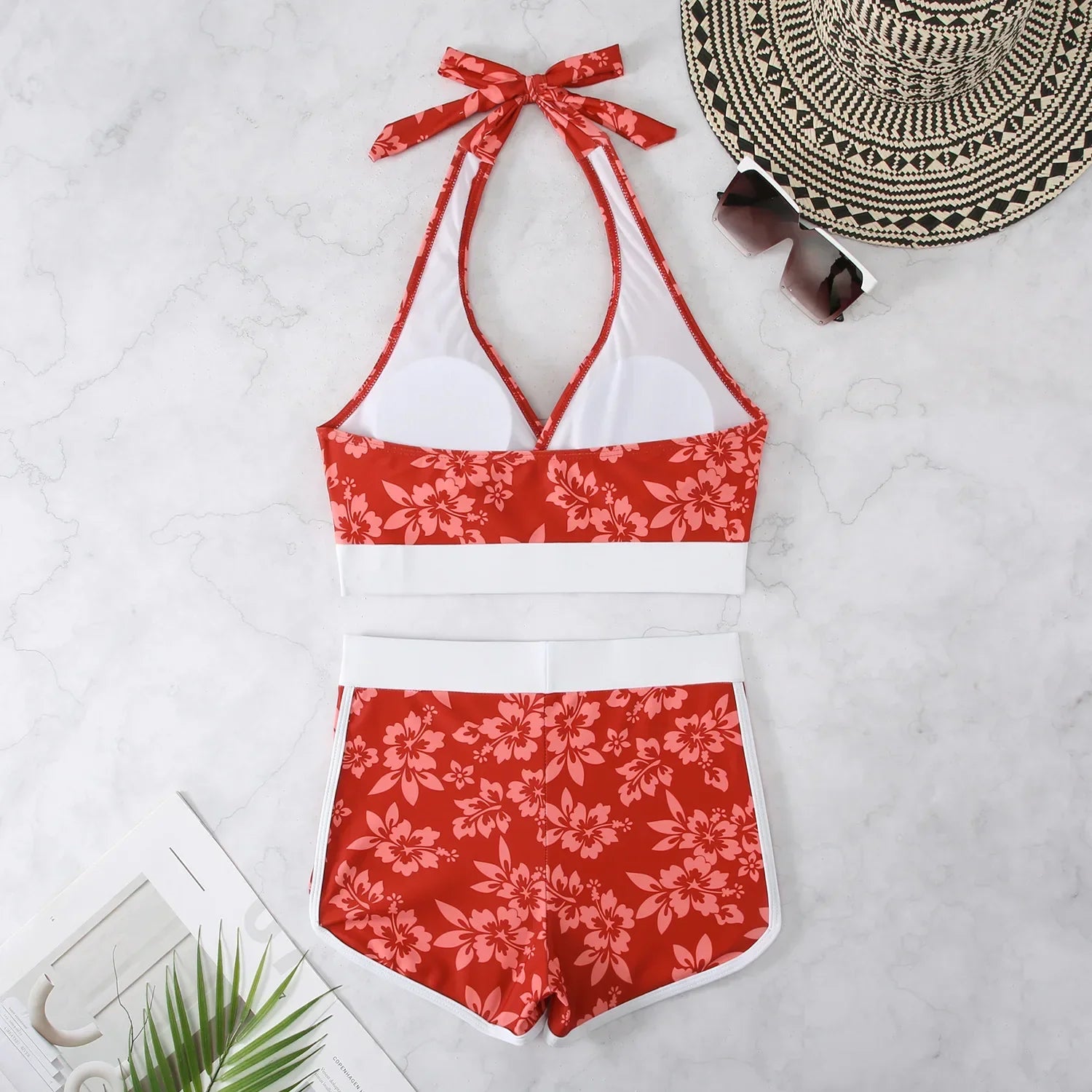 Women's Sexy High Waist V-Neck 2 Piece Tankini Bikini Set with Flower Print & Suspender Halter - Perfect for Summer Beach Vacations, Pool Parties, and Tropical Getaways