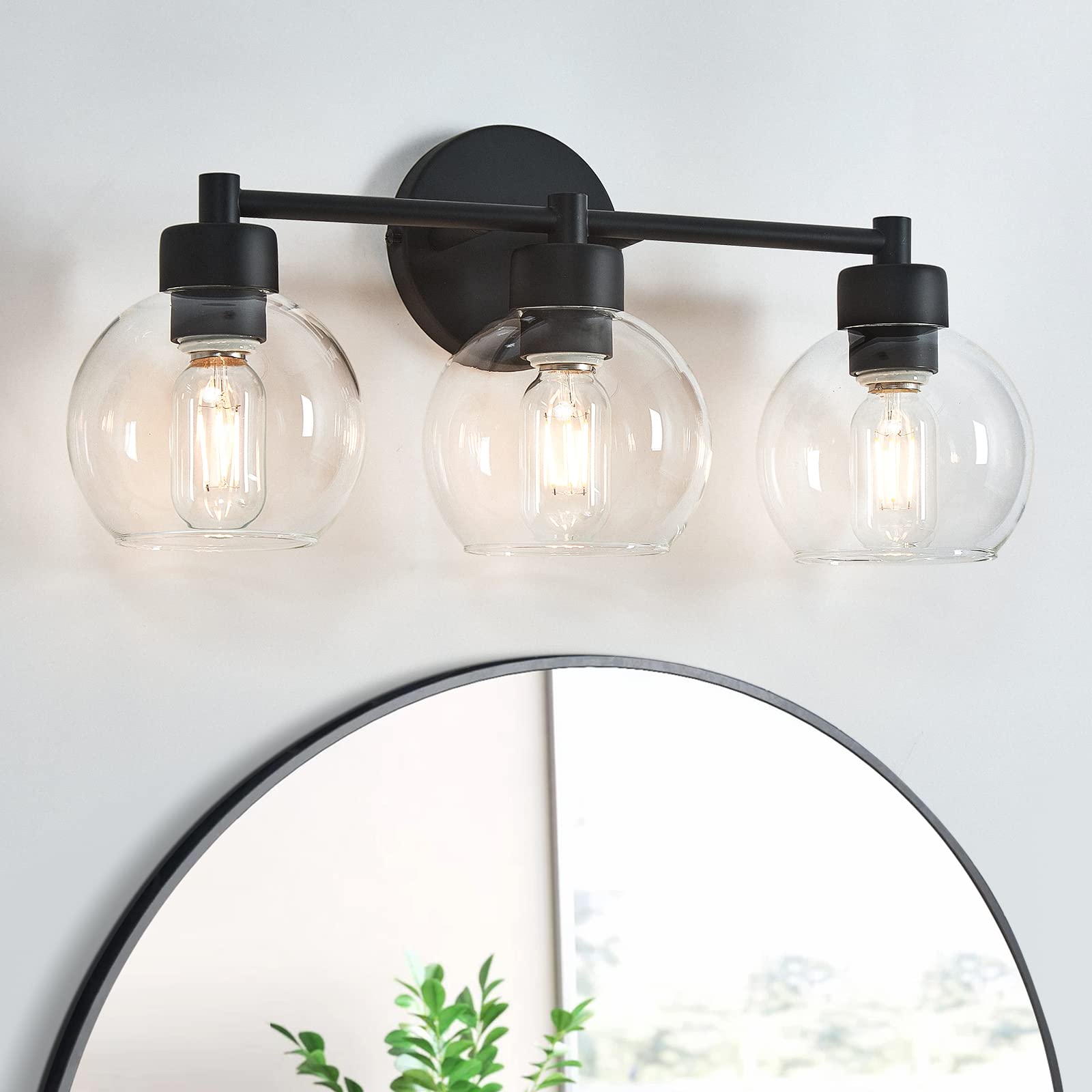 3-Light Black Round Bathroom Vanity Light Fixture with Clear Globe Glass - Matte Black Wall Sconce for Mirror, Bedroom, Living Room & Kitchen - Perfect for Modern Home Decor and Bathroom Makeovers