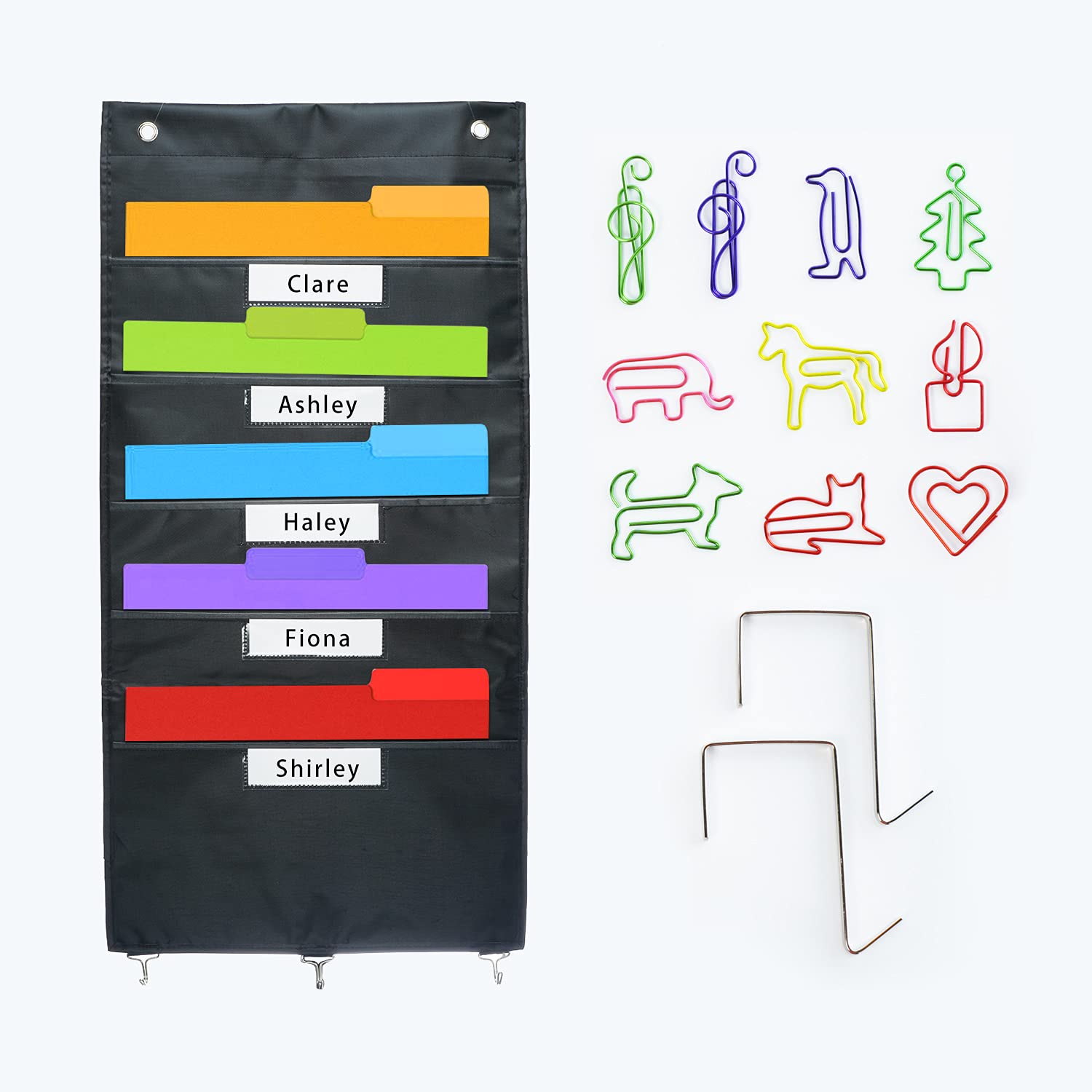 5-Pocket Hanging File Organizer - Wall Mount Paper Storage for Office, Classroom & Home - Includes 3 Wire Hooks, 2 Over-Door Hangers & 10 Fun Paper Clips - Perfect for Bills, Documents & School Supplies Organization