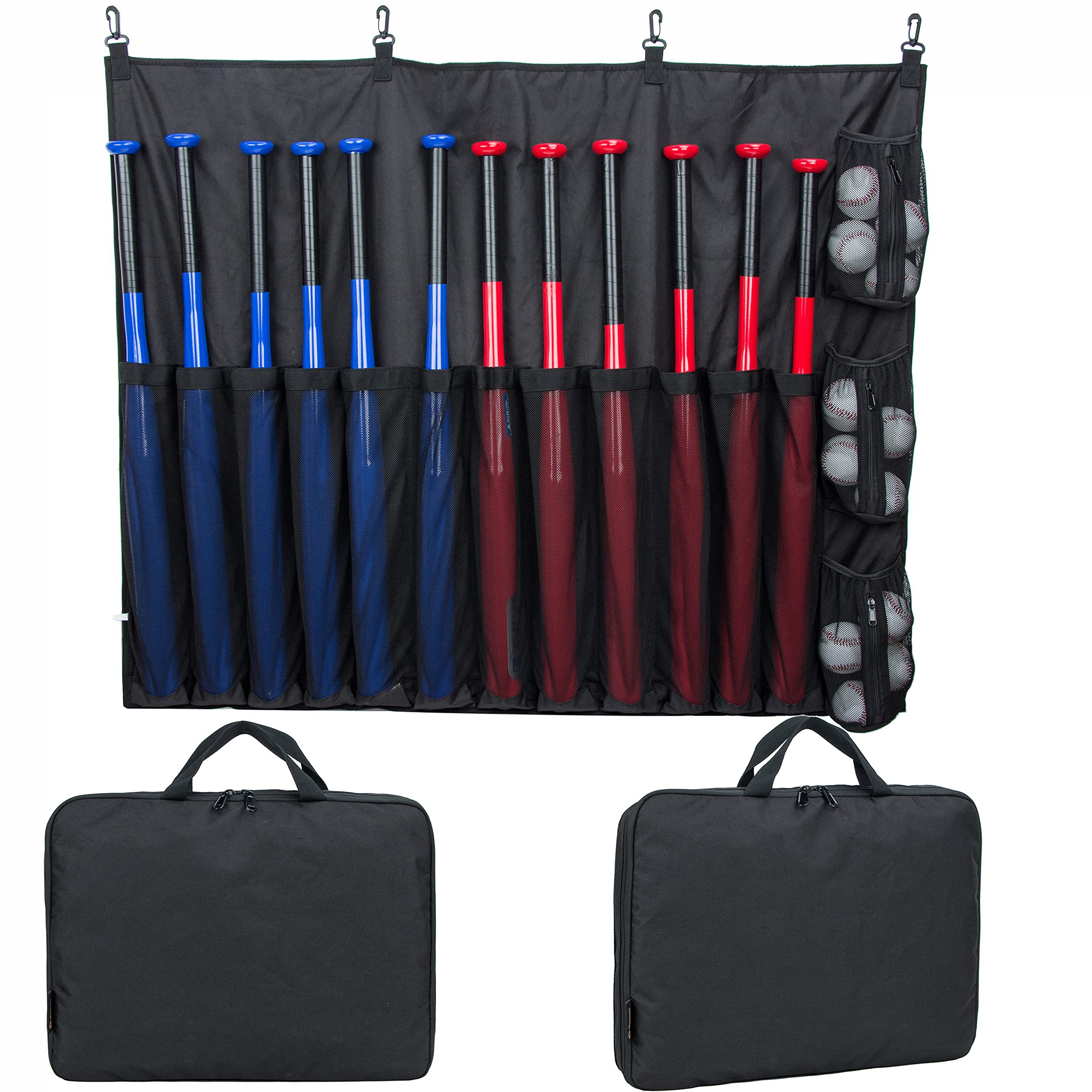 **Premium Hanging Baseball Bat Bag Caddy - Team Bat Storage Organizer for Baseball & Softball - Holds 12 Bats & 12 Balls with Carry Handle - Perfect for Team Dugouts, Practice & Travel**