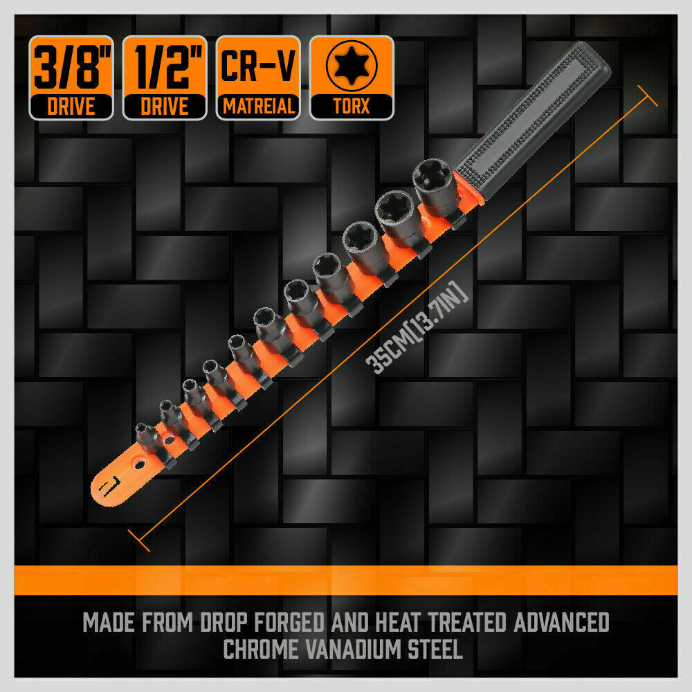 11-Piece E Torx Socket Set - Female External Star Bit Sockets E4 to E20 - 3/8