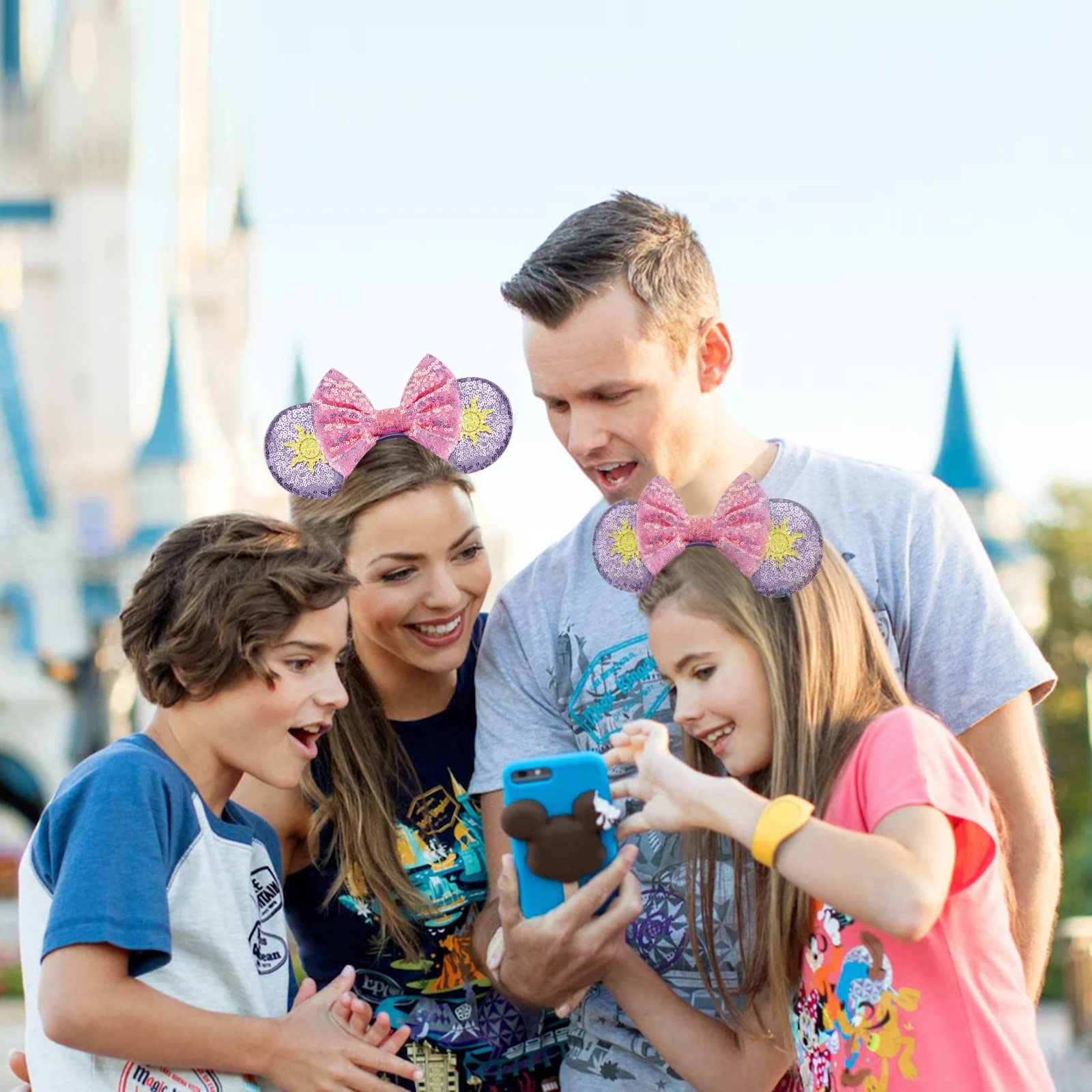 Sparkly Sequin Mouse Ears Headband with Bow - Disney Rapunzel Inspired Hair Accessories for Women & Girls | Perfect for Birthday Parties, Costume Cosplay, Theme Park Visits & Disney-Themed Events
