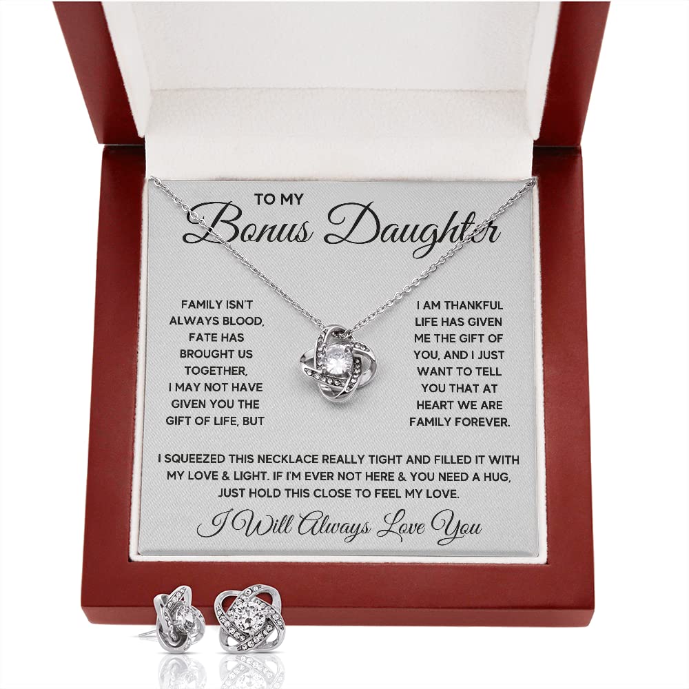 OC9 Sterling Silver Daughter Necklace - Inspirational Birthday, Graduation & Christmas Gift for Stepdaughter, Goddaughter - Includes Engraved Message Card & LED Jewelry Box (Earrings & Knot Charm) - Perfect for Special Occasions & Heartfelt Moments