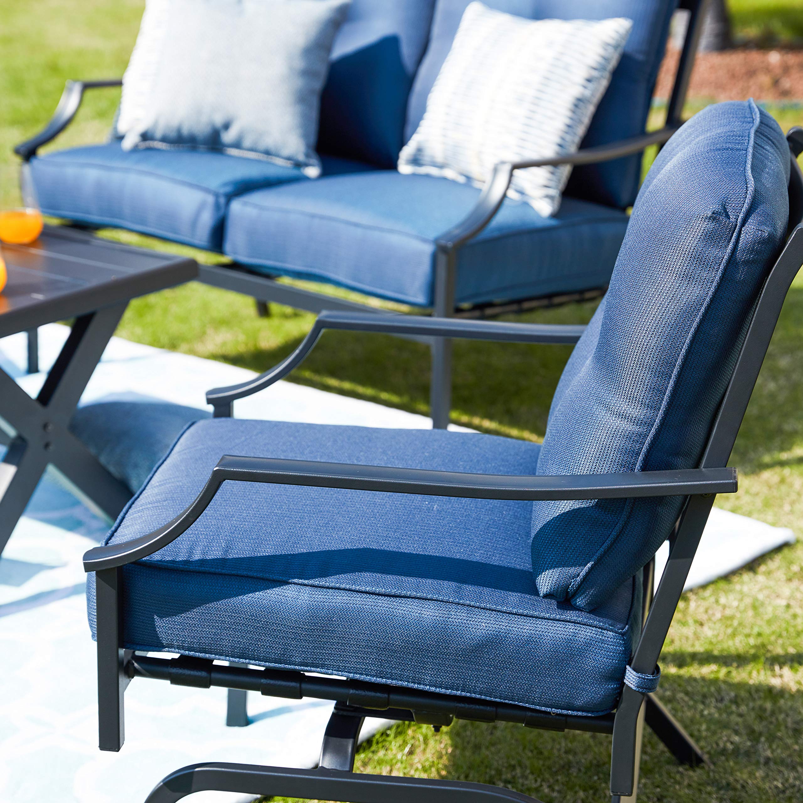 4-Piece Outdoor Patio Furniture Set - All-Weather Cushioned Metal Chairs, Love Seat & Coffee Table - Blue Conversation Set for Poolside, Lawn, Garden & Backyard Relaxation