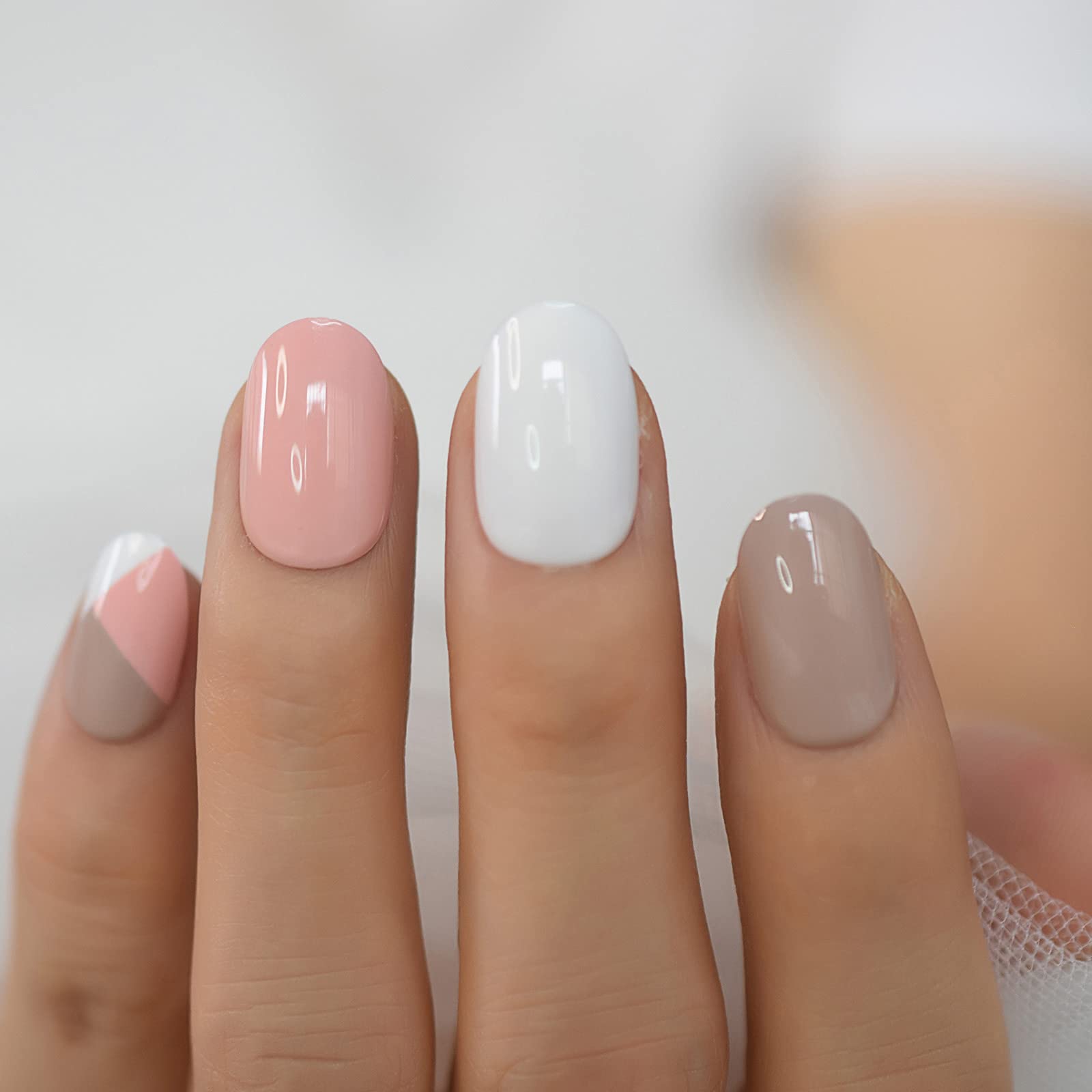 French Tip Press On Nails Short Round - Full Cover False Nails with Adhesive Sticker - Natural Pink White & Nude Colors - Perfect for School, Office, Home & Special Occasions