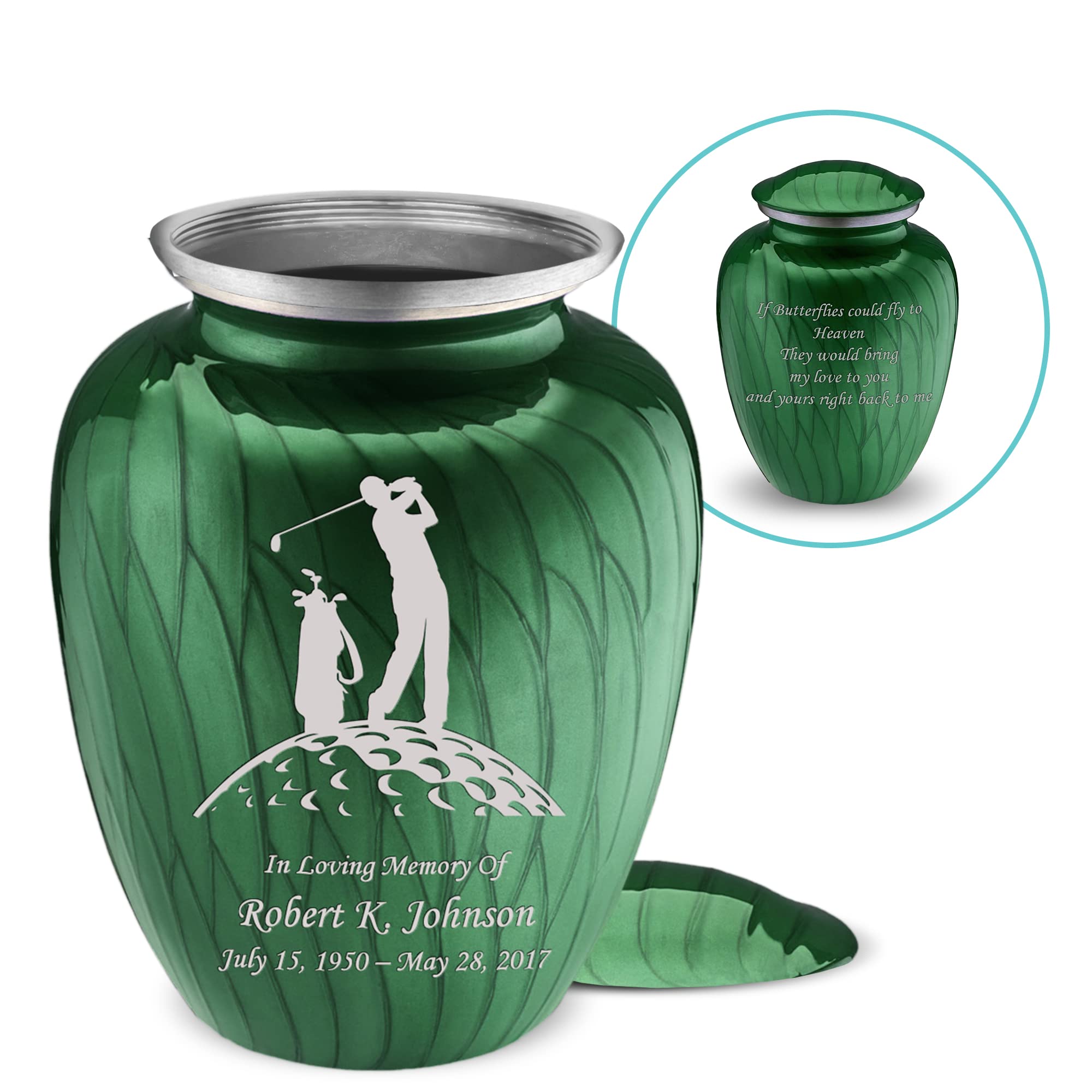 Personalized Golf Cremation Urn for Ashes - Large Pearl Green Funeral Urn for Men & Women with Double-Side Engraving (Holds 200 lbs) - Perfect for Memorials, Golf Enthusiasts & Funeral Services