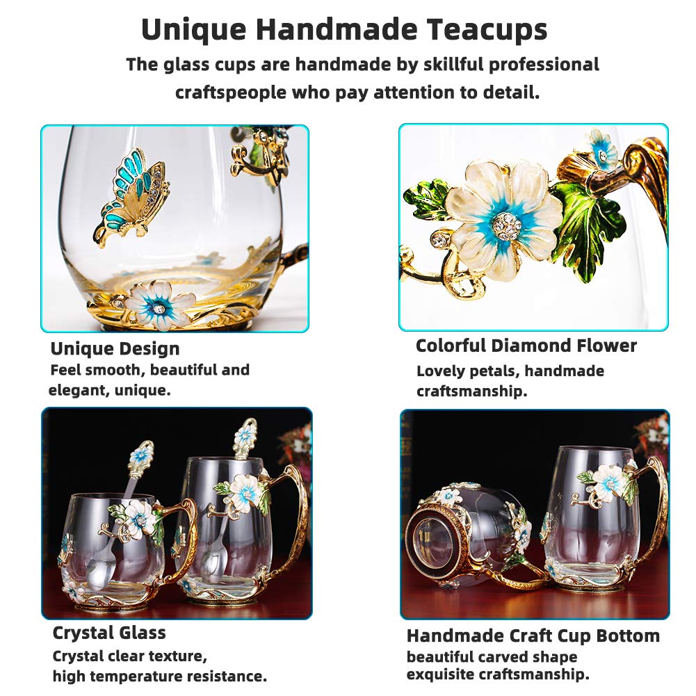 Handmade Enamel Tea Cup Glass Coffee Mugs (12 oz) with Spoon Set - Light Blue Tall - Perfect for Mother's Day, Birthday, Wedding Anniversary & Christmas Gifts for Women - Ideal for Tea, Coffee, Hot Chocolate & Dessert Serving at Home or Office