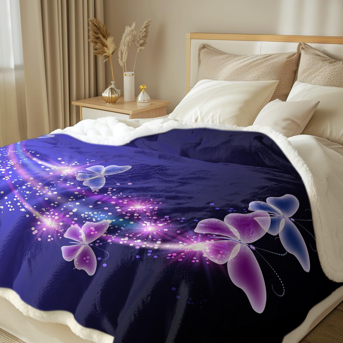 Sleepwish Blue Purple Fleece Throw Blanket - Soft Glowing Butterflies Sherpa Plush Blanket for Baby (30