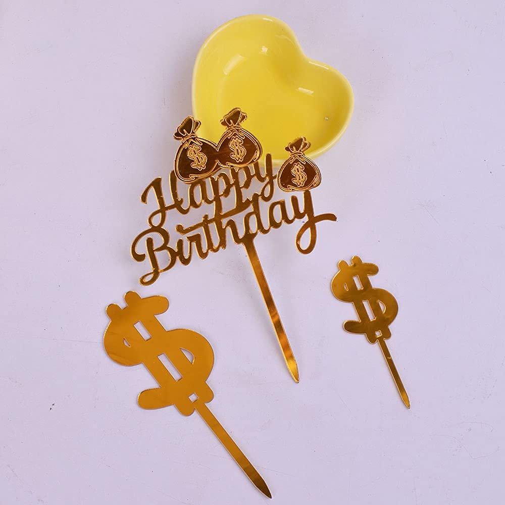 Set of 3 Gold Happy Birthday Cake Toppers - Premium Dollar Cake Topper Decorations for Birthday Parties, Wedding Cakes & Special Events