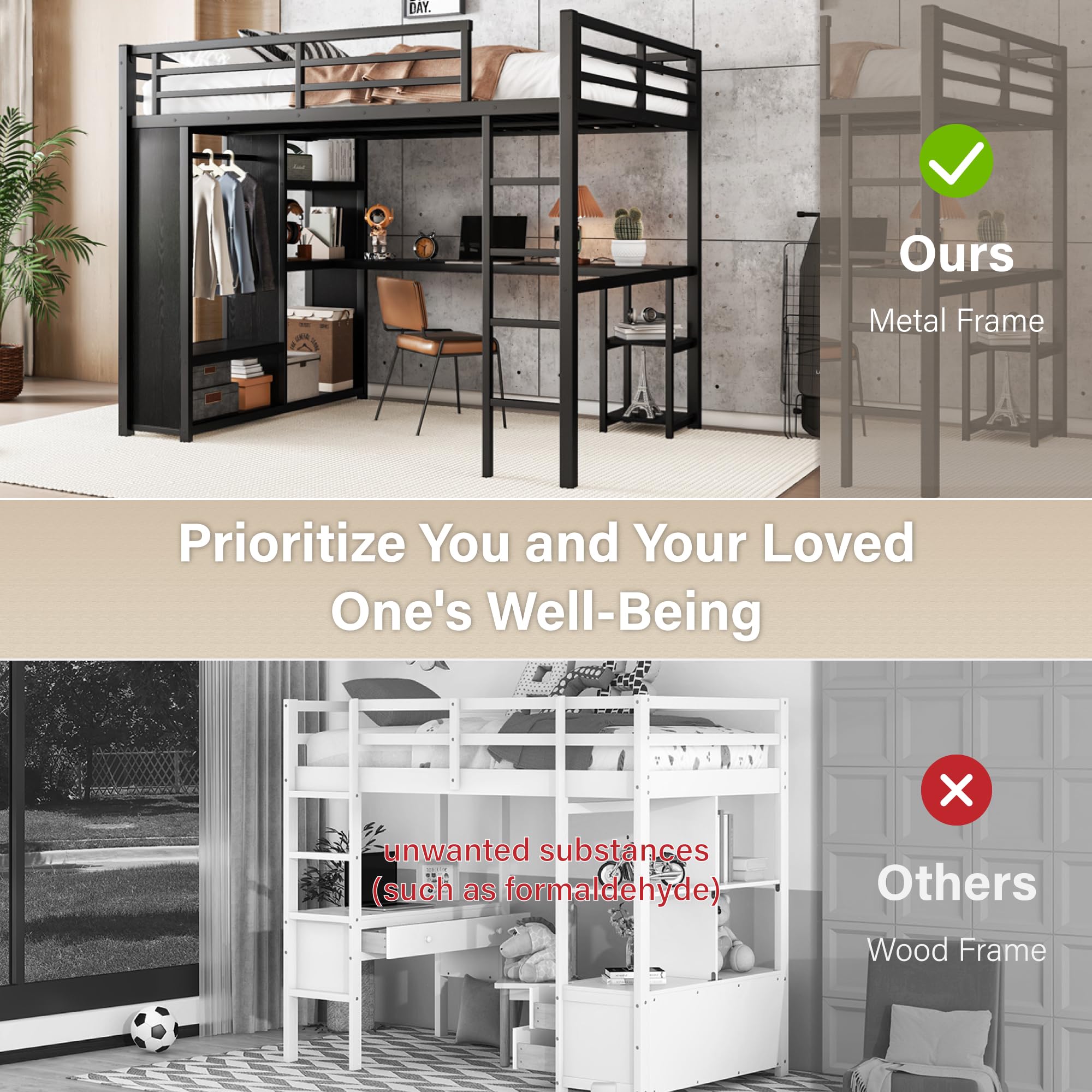 Queen Metal Loft Bed with Desk & Wardrobe - Heavy Duty Space-Saving Bed Frame with 6 Storage Shelves, Ladder & High Safety Guardrails | Sturdy Squeak-Free Design, No Box Spring Required in Polar Black | Perfect for Small Apartments, Dorms & Kids' Rooms