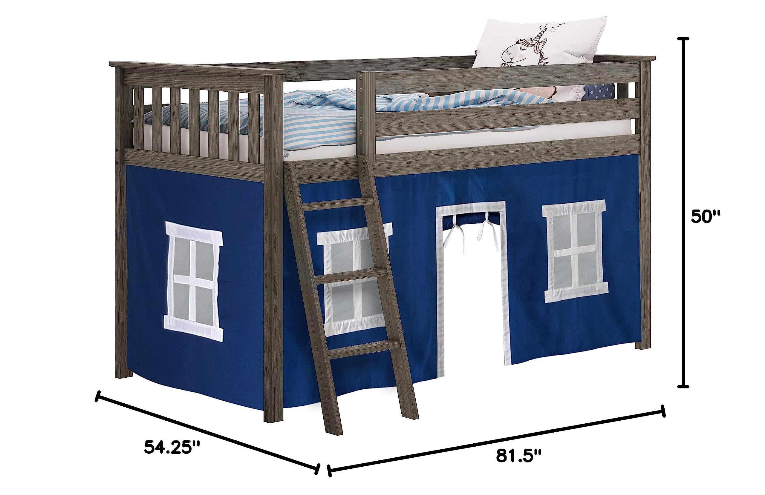 Max & Lily Low Loft Twin Bed Frame for Kids with Bottom Curtains - Clay & Blue Color | Space-Saving Kids Bedroom Furniture for Small Rooms & Play Areas