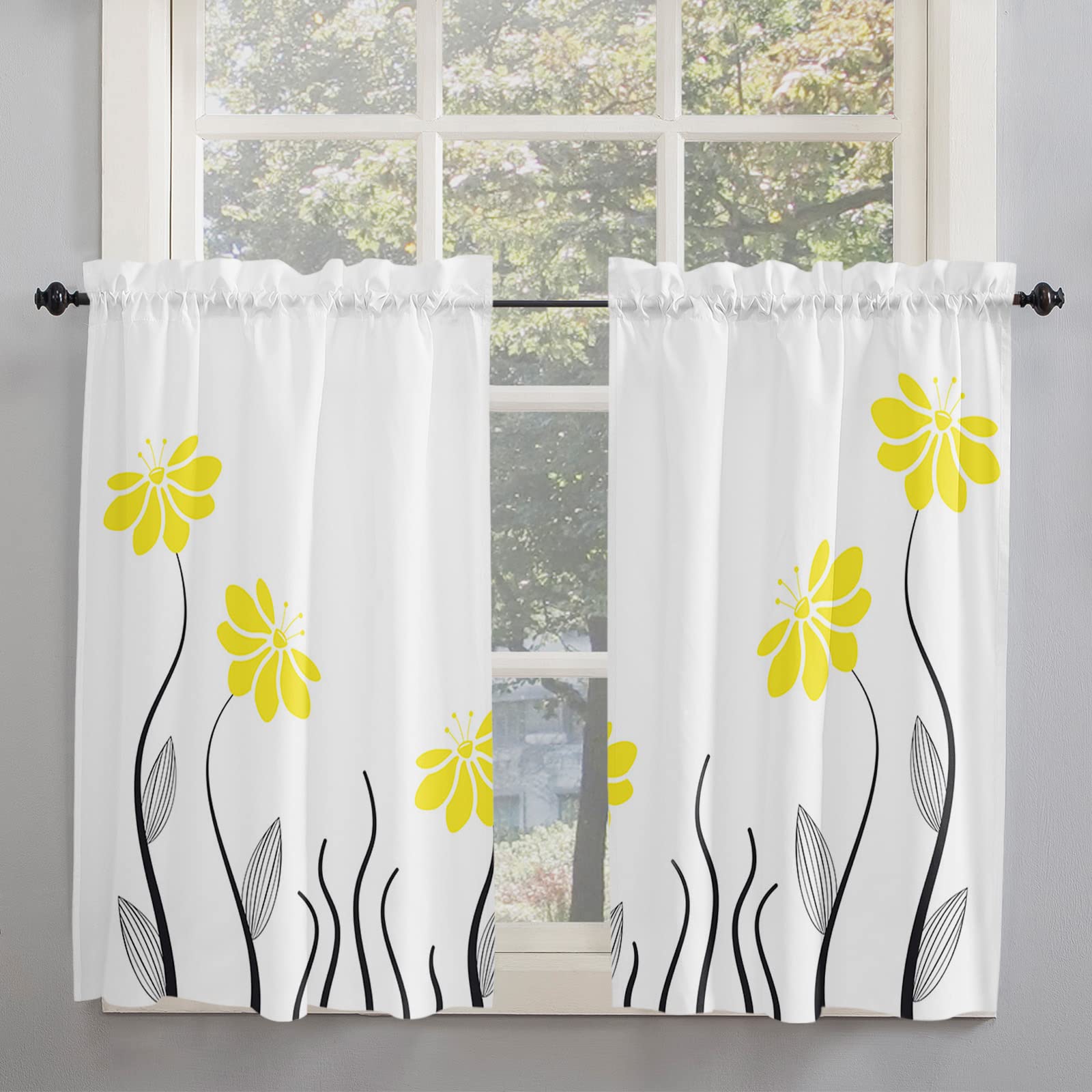 Vintage Floral Geometric Striped Kitchen Curtains Set - 45 Inch Length, Black & White Modern Aqua Design for Small Windows | Perfect for Farmhouse, Cottage & Apartment Kitchen Decor