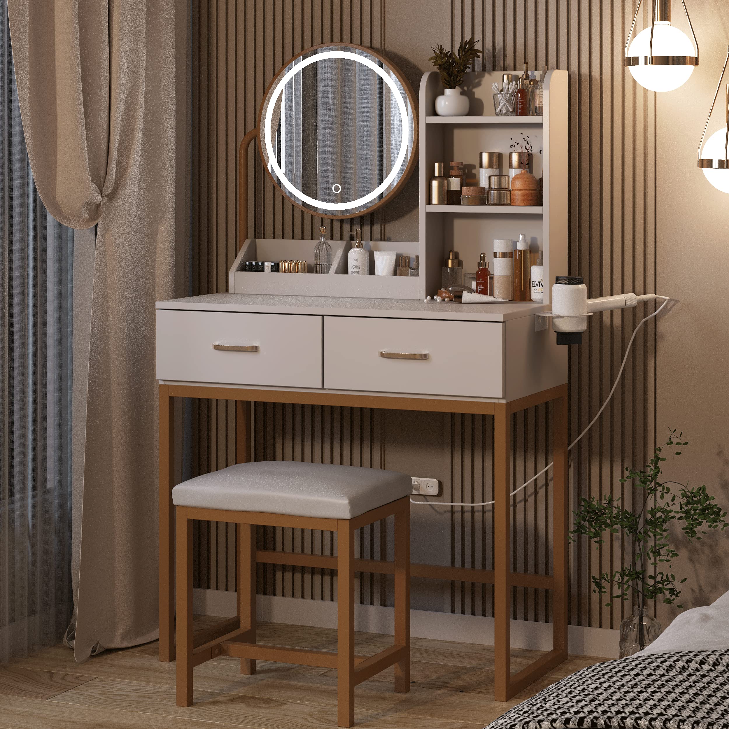 White Makeup Vanity Desk with Round Mirror & LED Lights - 3 Lighting Modes, Spacious Storage, 31.5