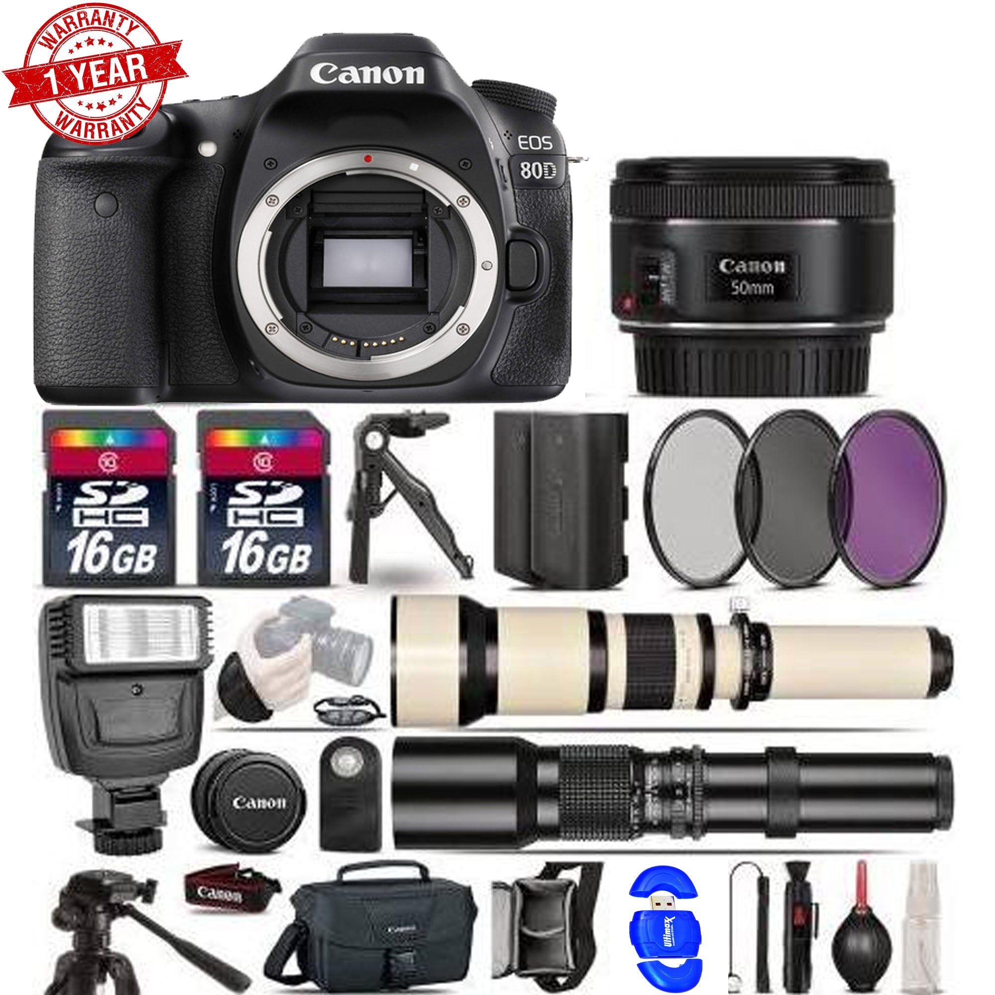 Canon EOS 80D DSLR Camera Bundle with 50mm Lens, 650-1300mm & 500mm Telephoto Lenses, Extended Battery & Accessories Kit - Perfect for Wildlife Photography, Sports Events & Travel Adventures