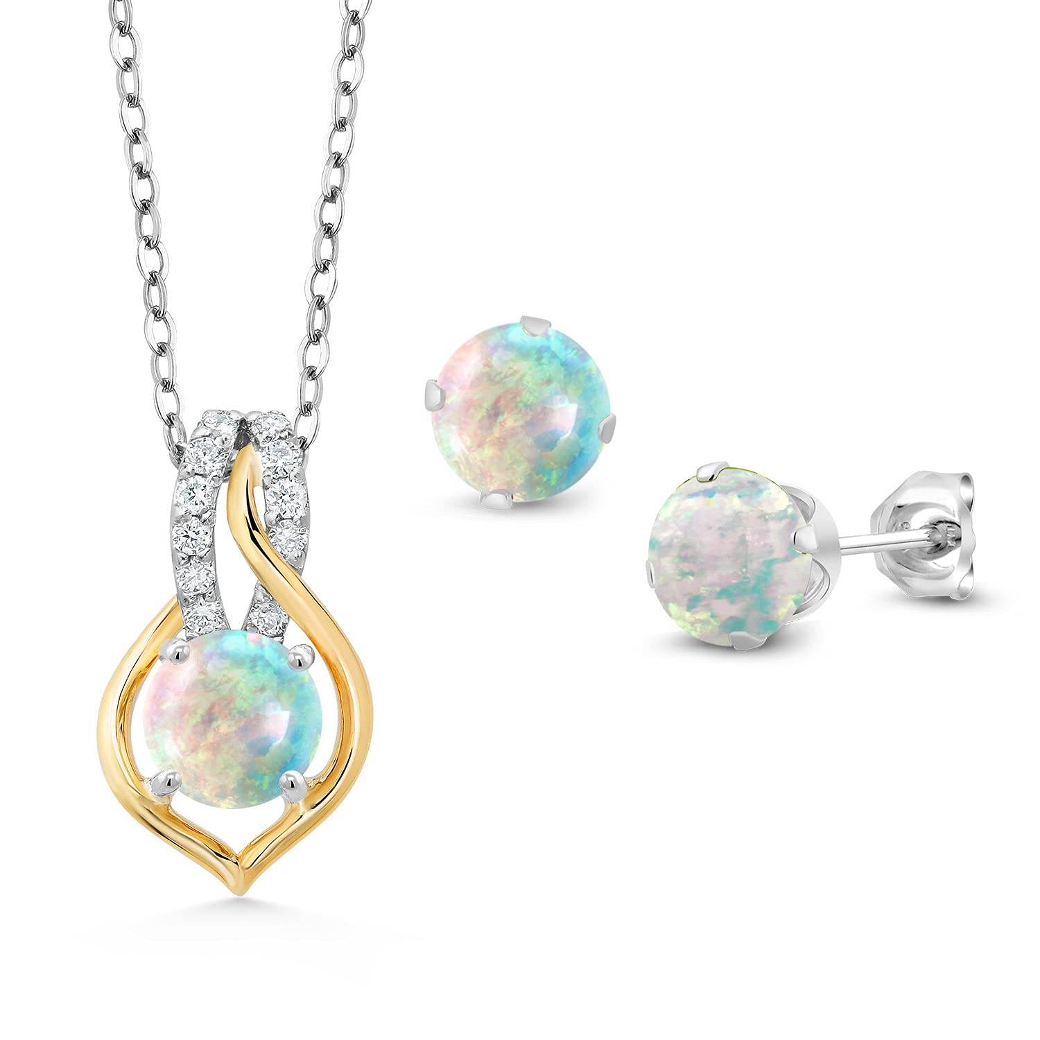 925 Silver & 10K Yellow Gold 6MM Round Birthstone Pendant & Earrings Set with Lab-Grown Diamond for Women | 18