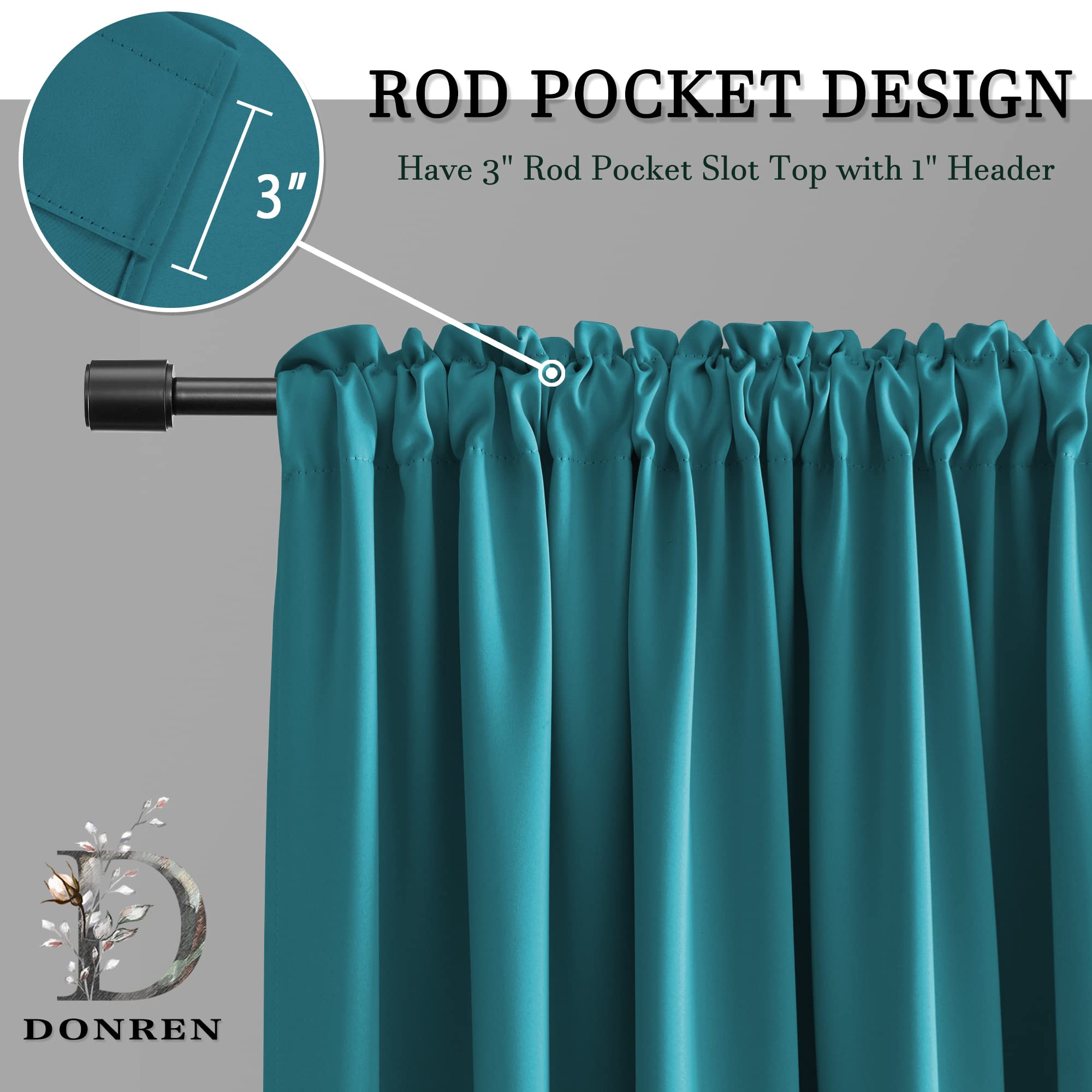 DONREN Teal Window Valances - 42x18 Inch Kitchen Curtain Panels with Rod Pocket (Set of 2) - Perfect for Small Windows, Bathroom & Living Room Decor