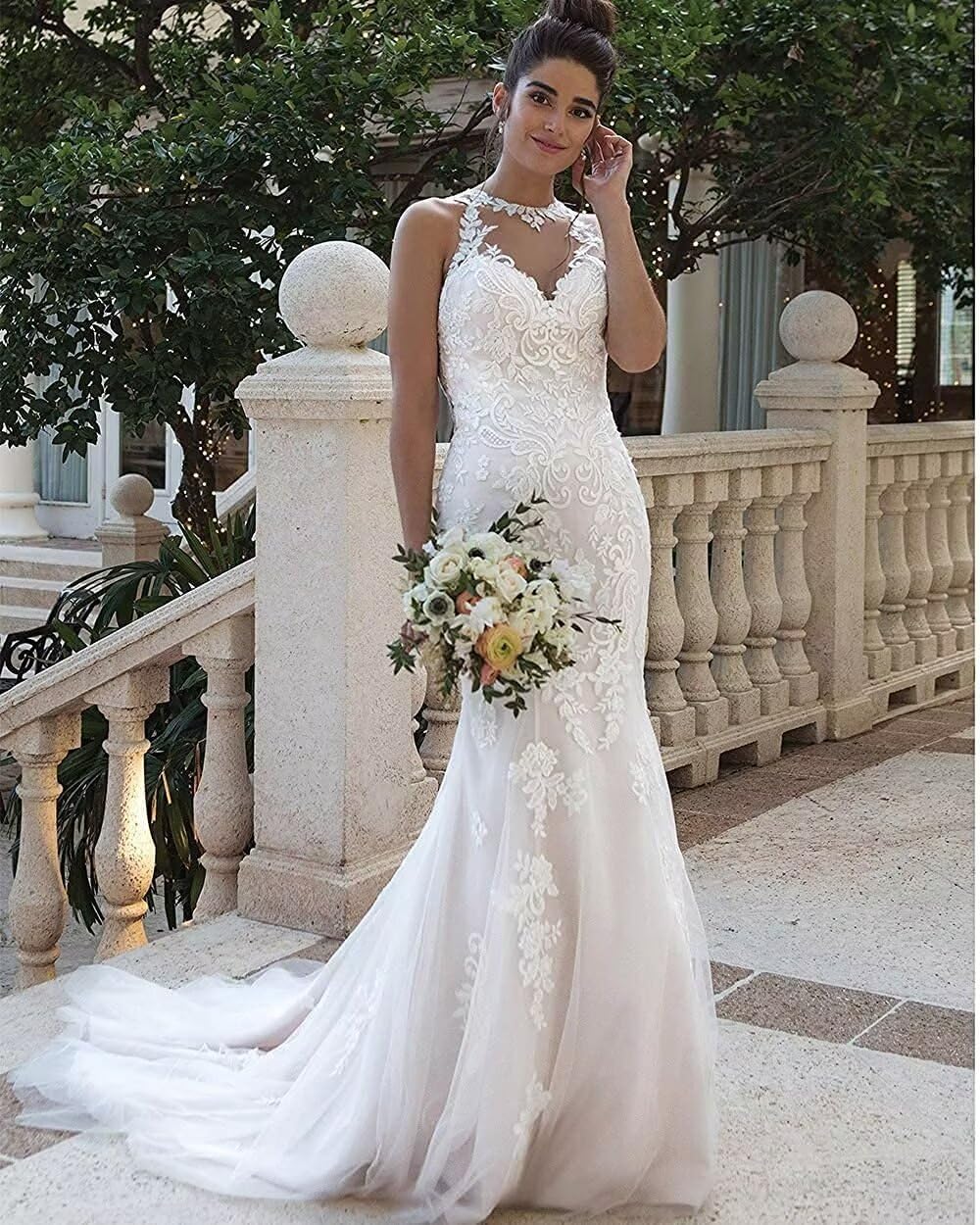 Elegant Halter Neck Mermaid Wedding Dress for Bride - Sleeveless Lace Applique Formal Gown for Prom, Evening, and Special Occasions