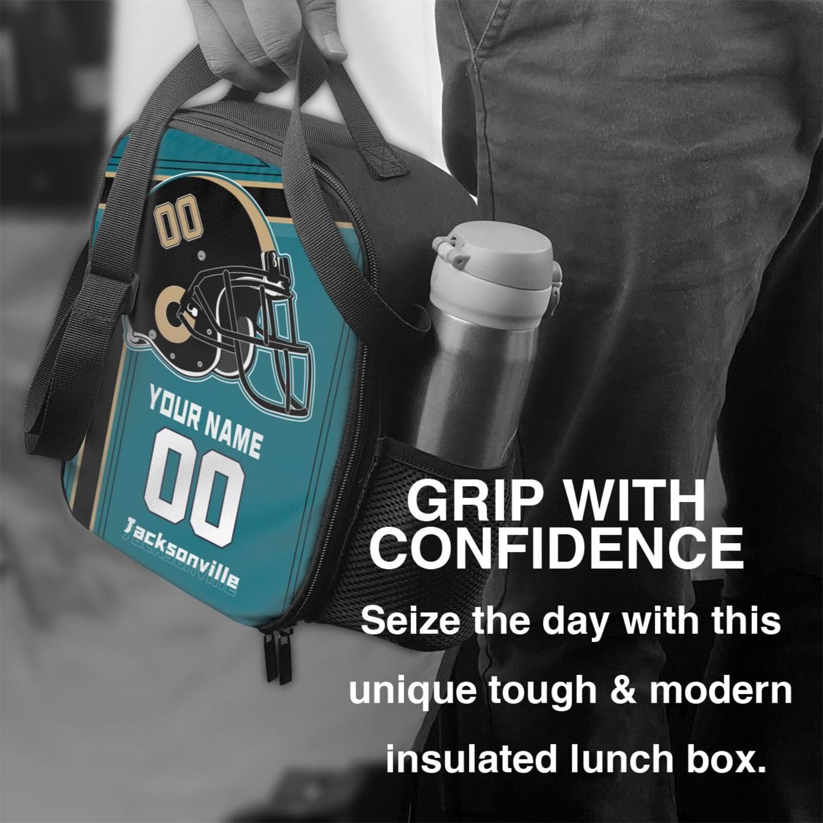 Custom Jacksonville Lunch Bag with Personalized Name & Number - Portable Insulated Lunch Tote for Work, School & Sports - Perfect Gift for Men, Women & Boys - Ideal for Office, Picnics & Fan Events