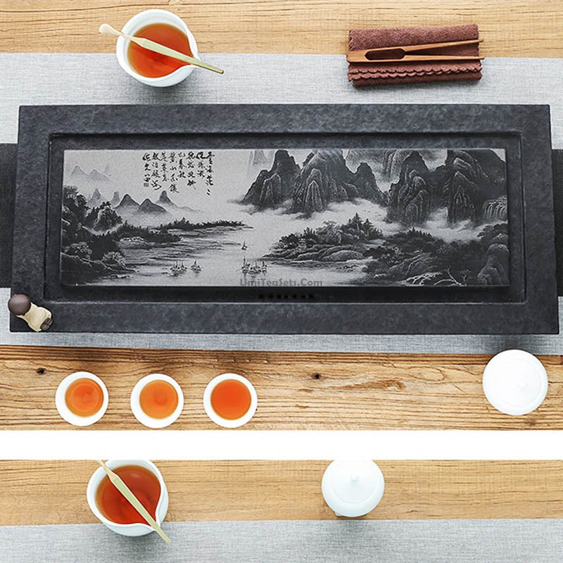 Handcrafted Black Stone Tea Tray with Exquisite Landscape Carvings - Perfect for Chinese Tea Ceremony, Home Decor & Zen Meditation Spaces