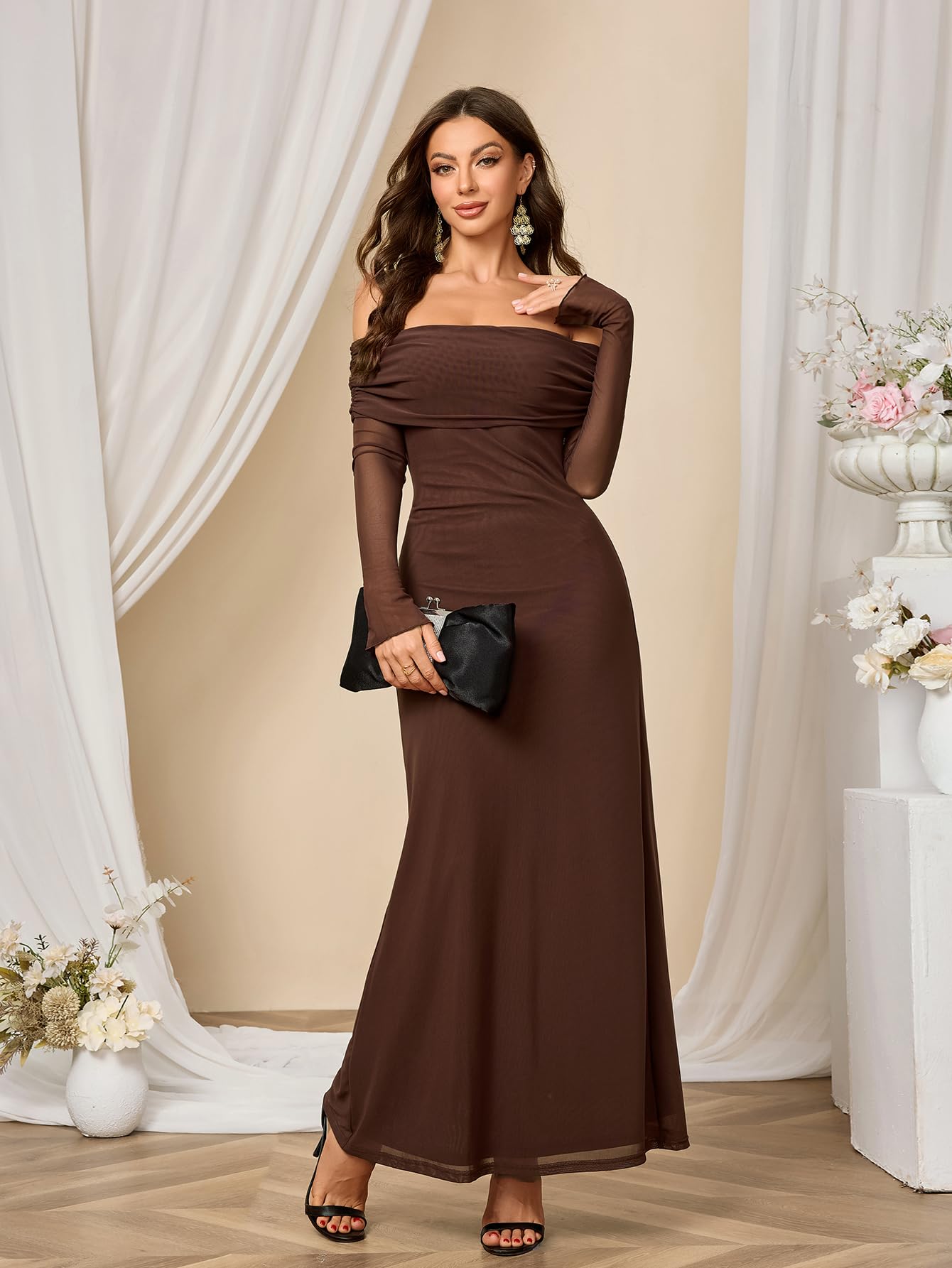 Colysmo Women's Long Sleeve Mesh Off Shoulder Bodycon Maxi Dress - Elegant Formal Wedding Guest & Evening Party Gown for Special Occasions, Date Nights & Cocktail Events