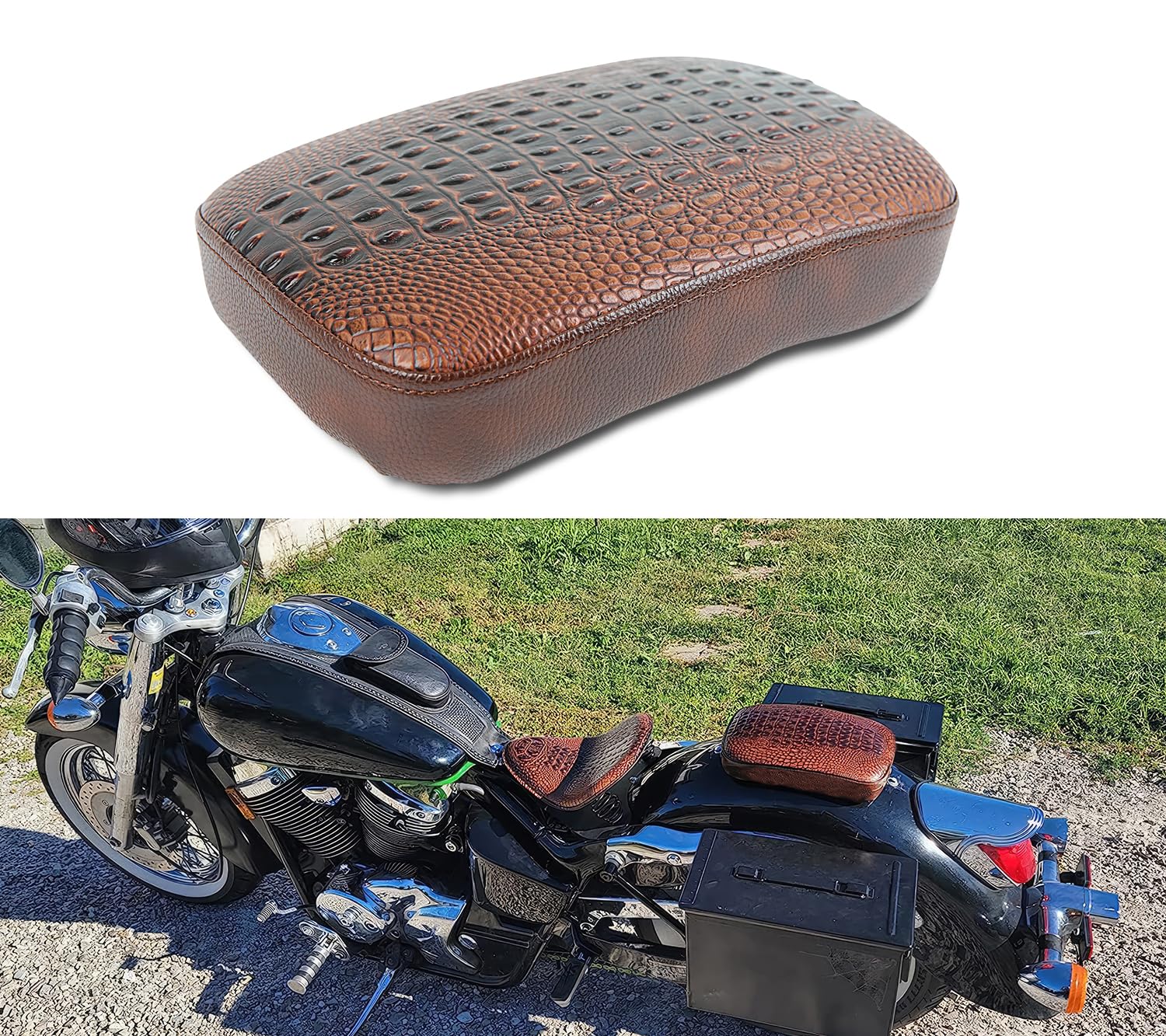 DREAMIZER Universal Motorcycle Passenger Seat Pad - Brown Crocodile Leather Pillion Cushion for Harley, Cruiser, Chopper & Custom Bikes | Comfortable Backrest for Long Rides & Road Trips