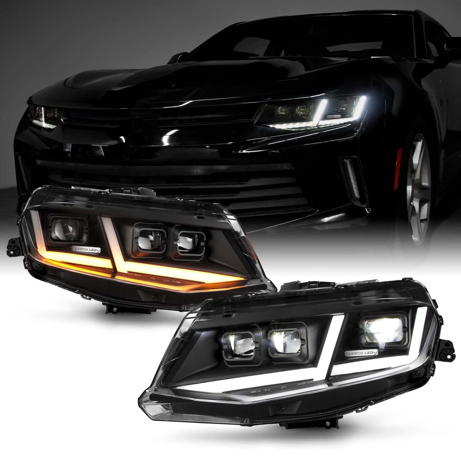 AKKON Full LED DRL Switchback Sequential Triple Lens Projector Headlights - Compatible with 2016-2018 Chevy Camaro, Black | Upgrade Your Night Driving & Style