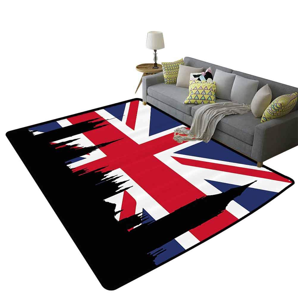 Union Jack UK Flag Area Rug with Parliament Silhouette - 6'x7' (180x210cm) Royal Blue Black Red Living Room Rug - British Themed Home Decor for Men, Office & Gifts - Perfect for UK Enthusiasts & Anglophile Spaces