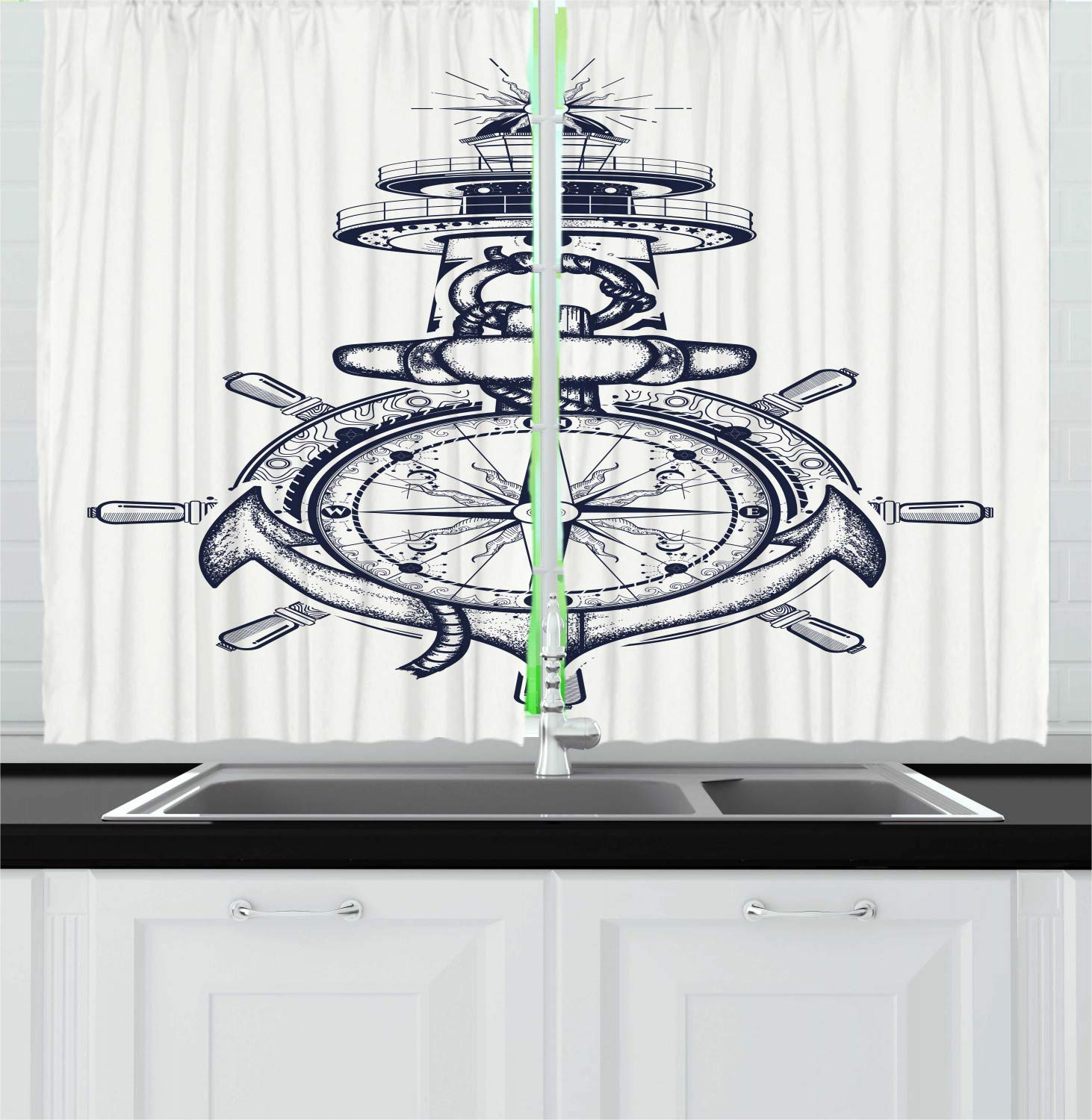Ambesonne Nautical Kitchen Curtains Set of 2 Panels - Anchor, Steering Wheel, Lighthouse & Compass Design - 55