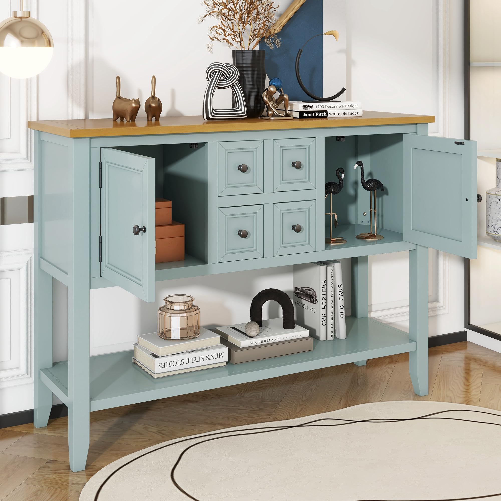 LZ LEISURE ZONE Retro Wooden Console Table with Storage Shelf & Drawers - Buffet Sideboard for Living Room, Kitchen, Entryway - Lime White Finish | Perfect for Hallway Decor, Dining Room Storage & Entryway Organization