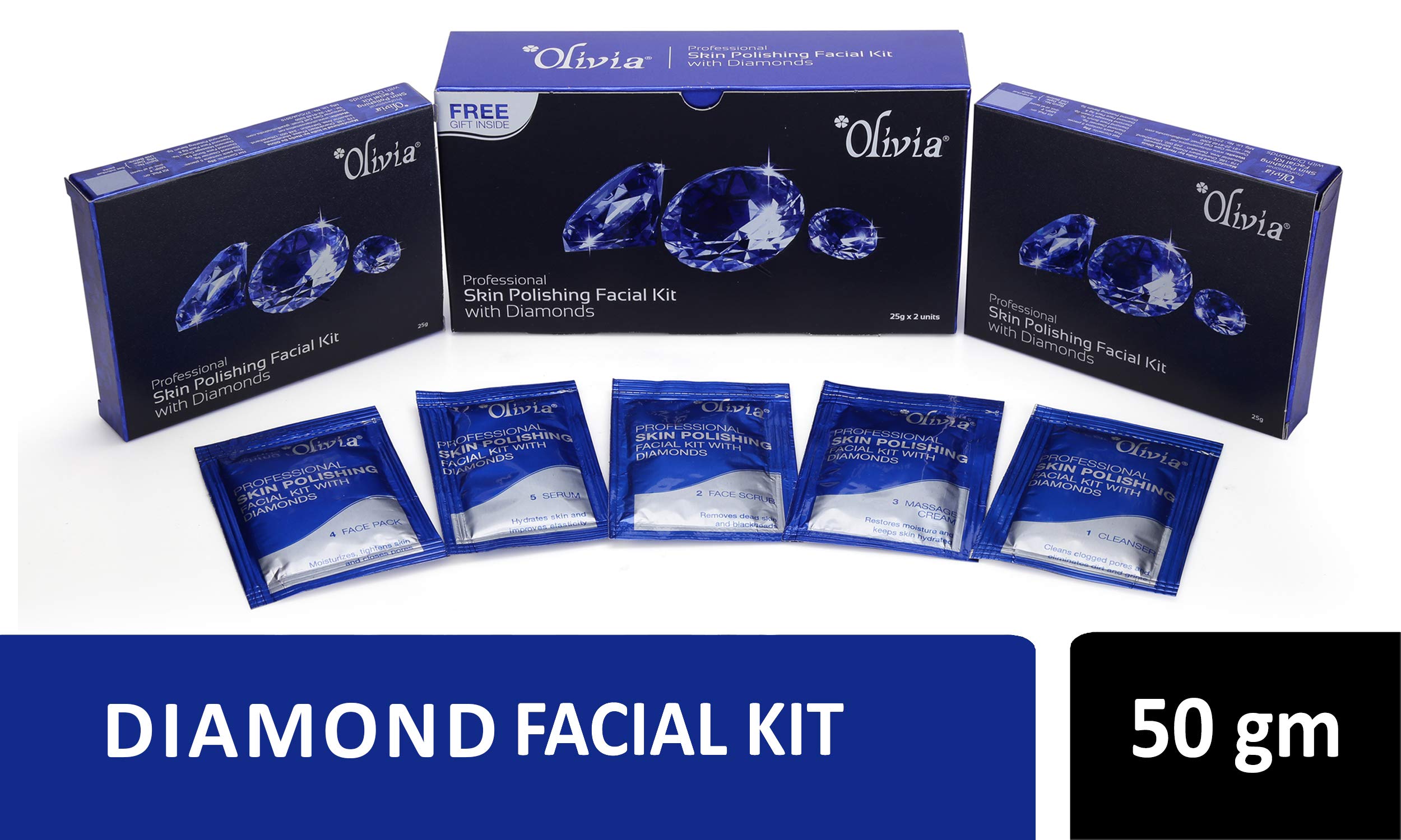 Olivia Skin Polishing Diamond Facial Kit 50g - Cleanser, Face Scrub, Massage Cream, Face Pack & Serum for Glowing Skin | At-Home Spa Treatment & Skincare Routine