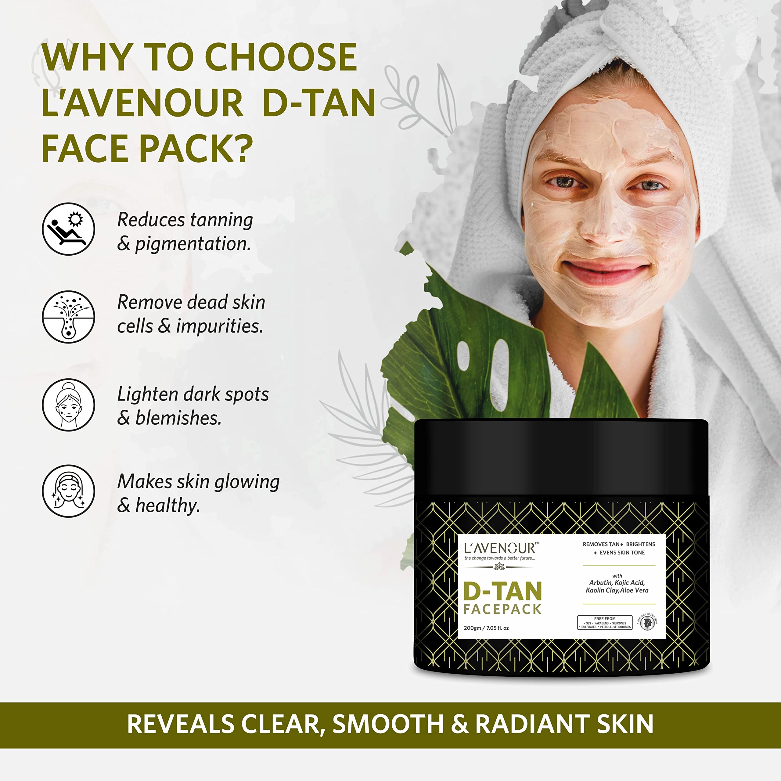 L'avenour D-Tan Face Pack with Aloe Vera, Kaolin Clay & Arbutin - Skin Brightening, Tan Removal & Tone Evening Treatment for All Skin Types (200g) | Perfect for Post-Sun Care, Daily Glow & Radiant Complexion
