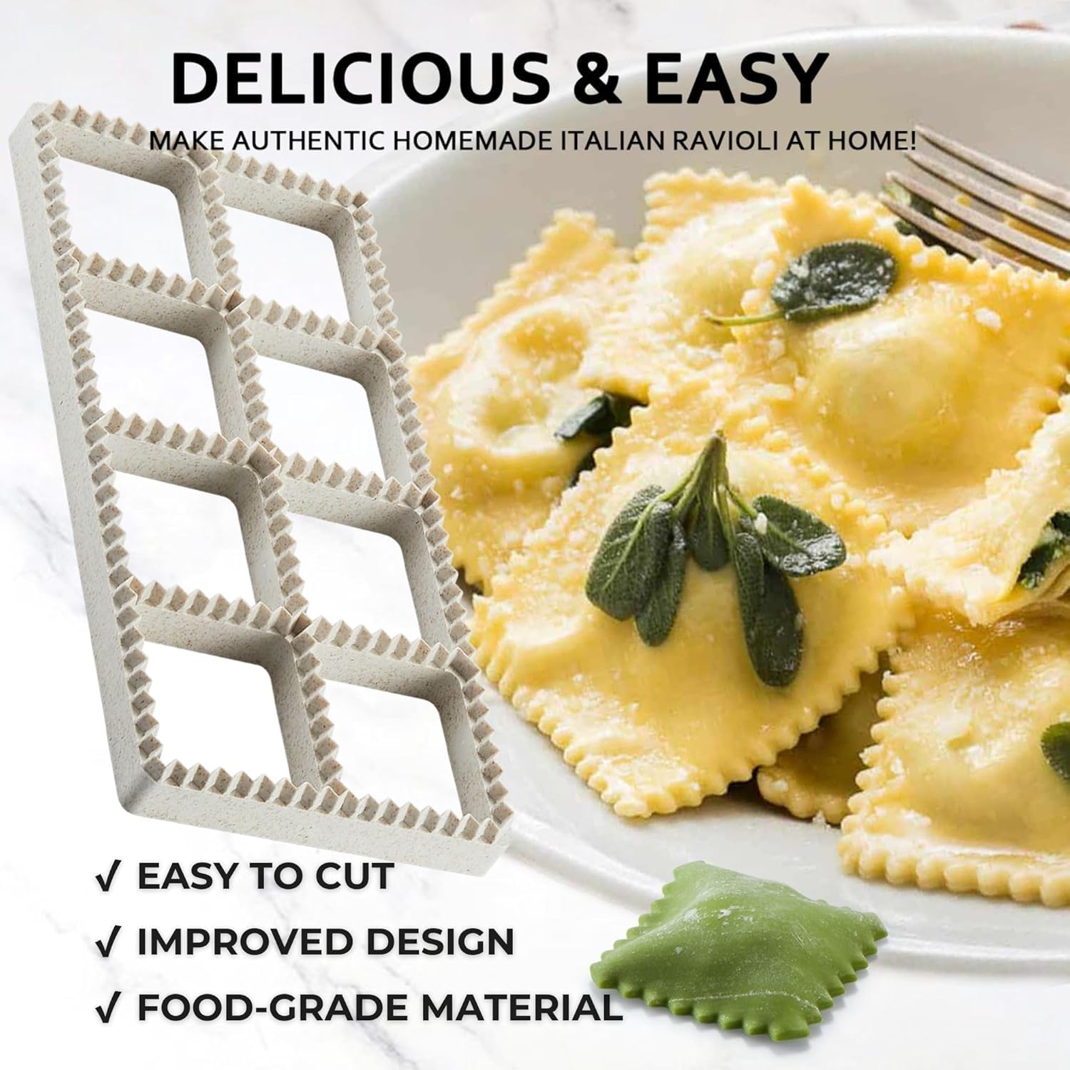 Premium Ravioli Maker Press Set - 3-Piece Pasta Mold Kit with Round, Heart & Square Cutters, Wooden Rolling Pin & 2.6