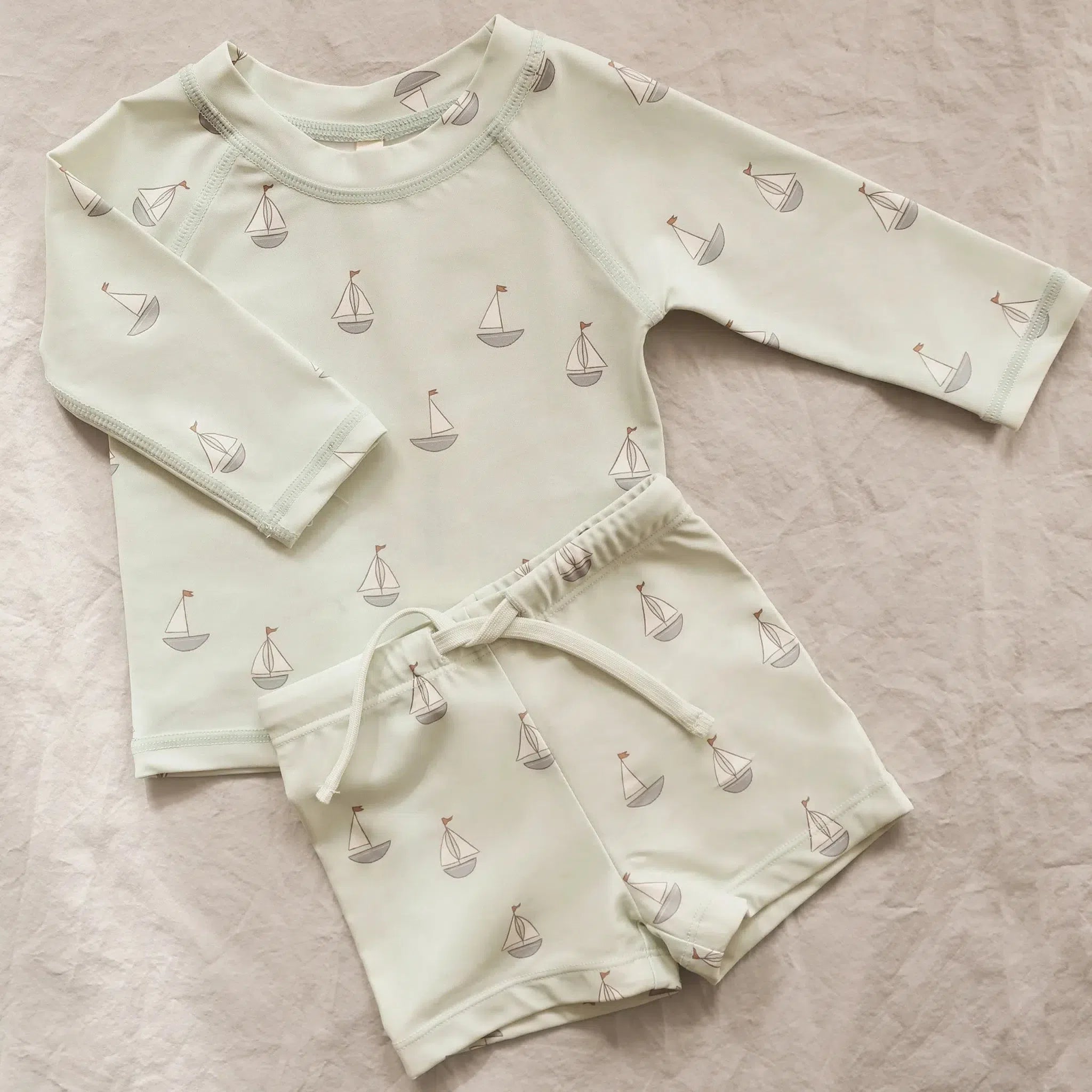 Quincy Mae Finn Rash Guard + Short Set - UPF 50+ Sun Protection Swimwear for Boys & Girls | Sailboat Print | Beach, Pool & Outdoor Activities