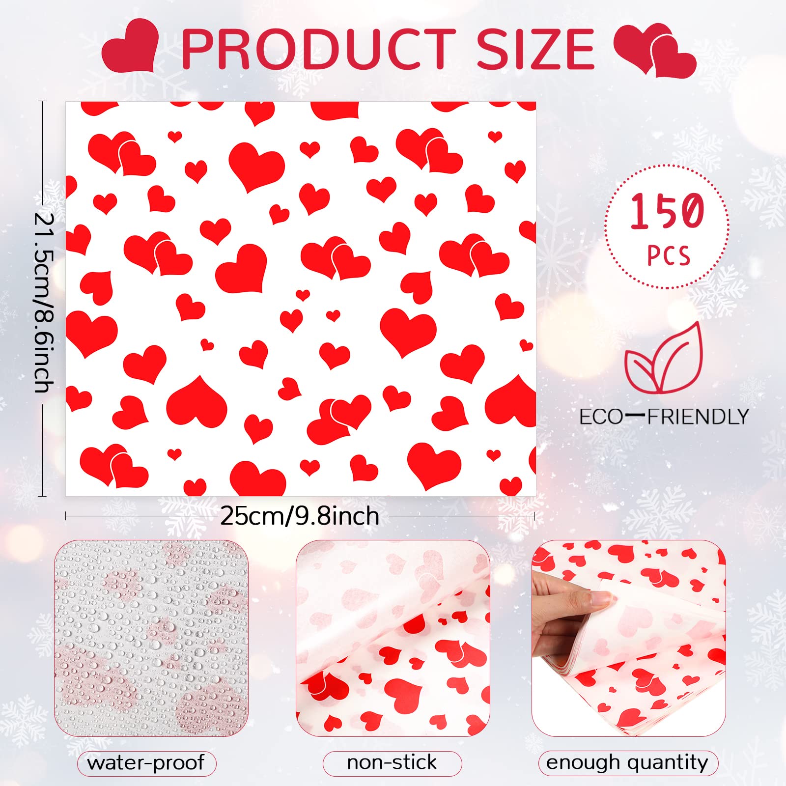 Gersoniel 150 Pcs Red Heart-Shaped Wax Paper Sheets - Waterproof Greaseproof Food Wrapping Paper for Sandwiches, Picnics & Valentine's Day Treats - Perfect for Party Platters, Bakery Packaging & Gift Wrapping